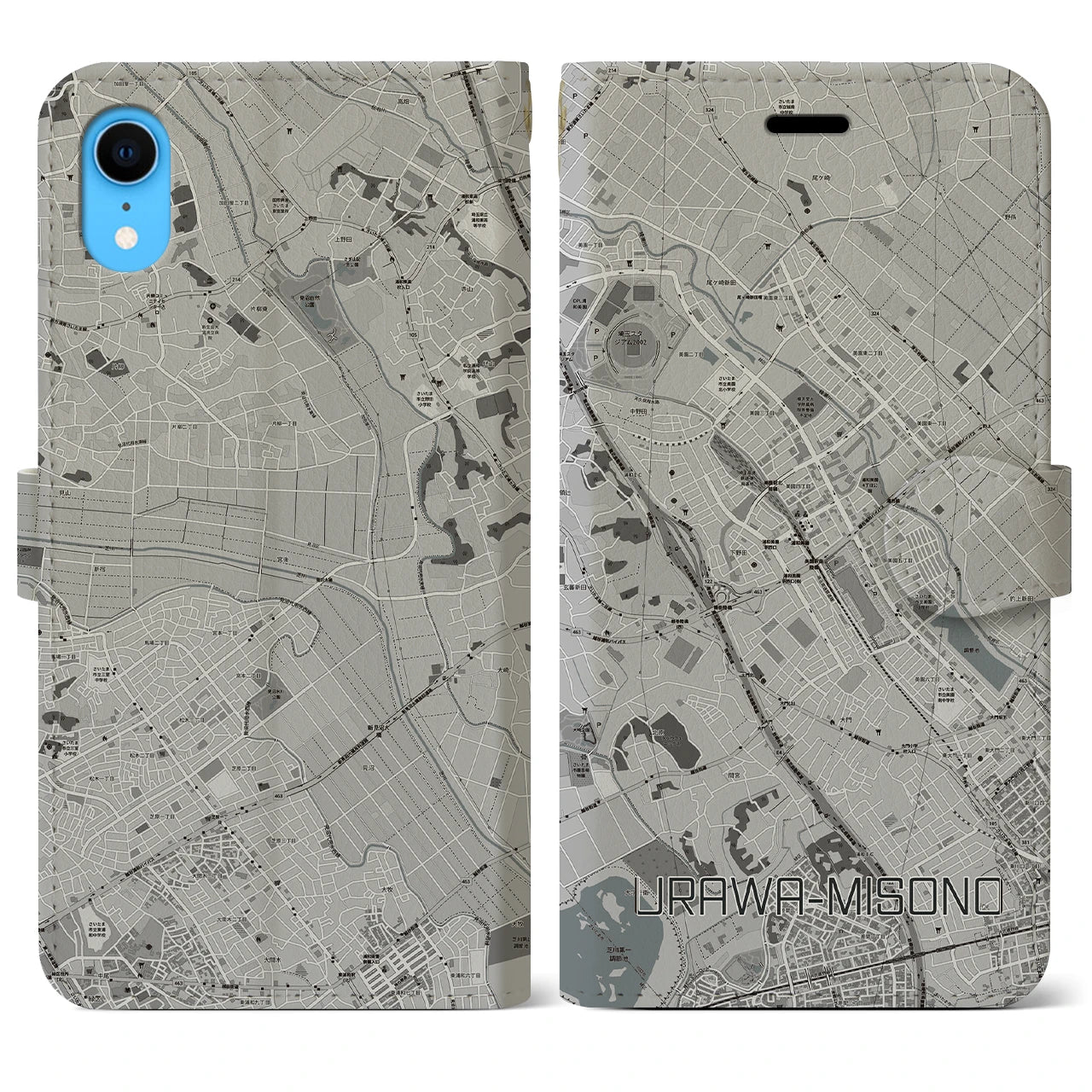 【浦和美園(埼玉県)】地図柄iPhoneケース(手帳タイプ)モノトーン・iPhone XR 用