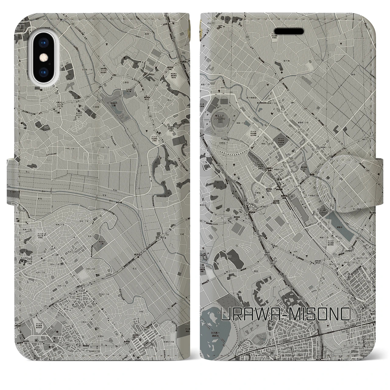 【浦和美園(埼玉県)】地図柄iPhoneケース(手帳タイプ)モノトーン・iPhone XS Max 用