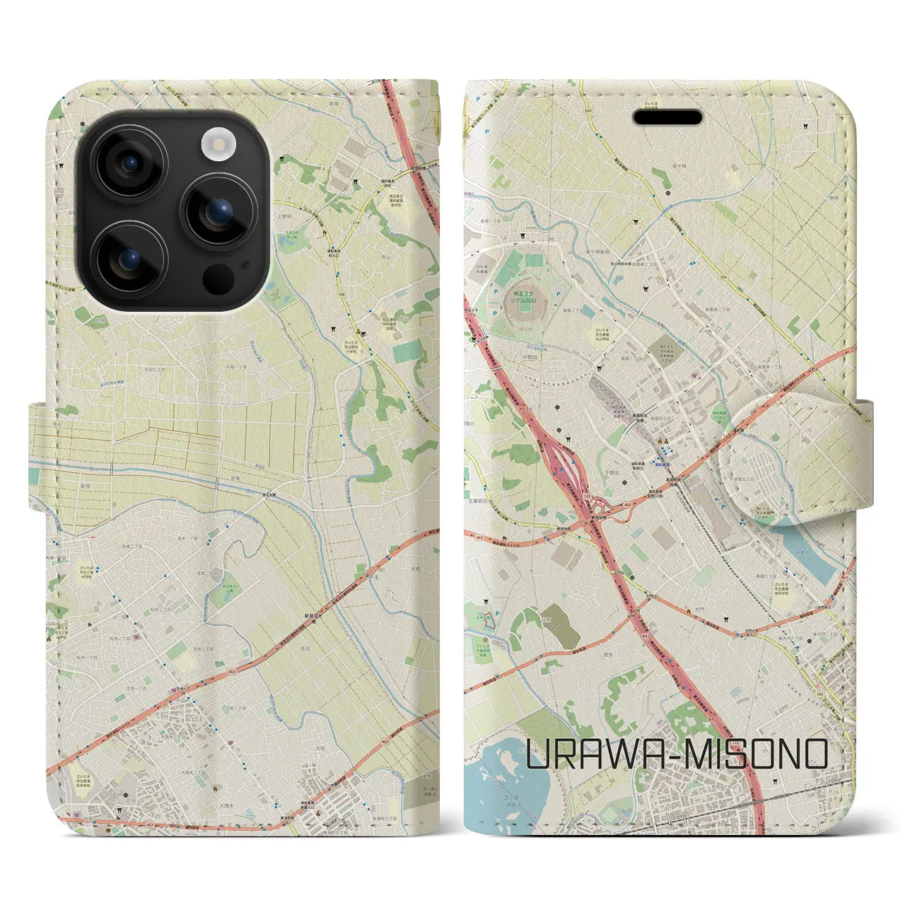 【浦和美園(埼玉県)】地図柄iPhoneケース(手帳タイプ)ナチュラル・iPhone 16 用