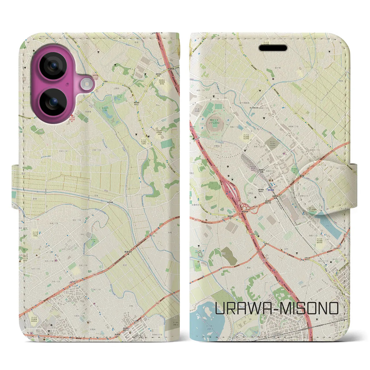 【浦和美園(埼玉県)】地図柄iPhoneケース(手帳タイプ)ナチュラル・iPhone 16 Pro 用