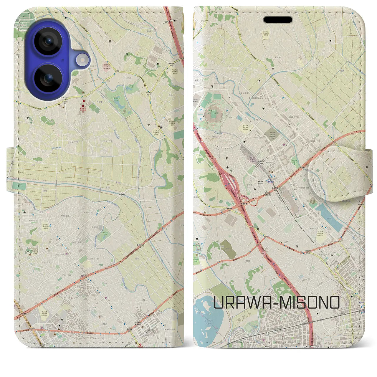【浦和美園(埼玉県)】地図柄iPhoneケース(手帳タイプ)ナチュラル・iPhone 16 Pro Max 用