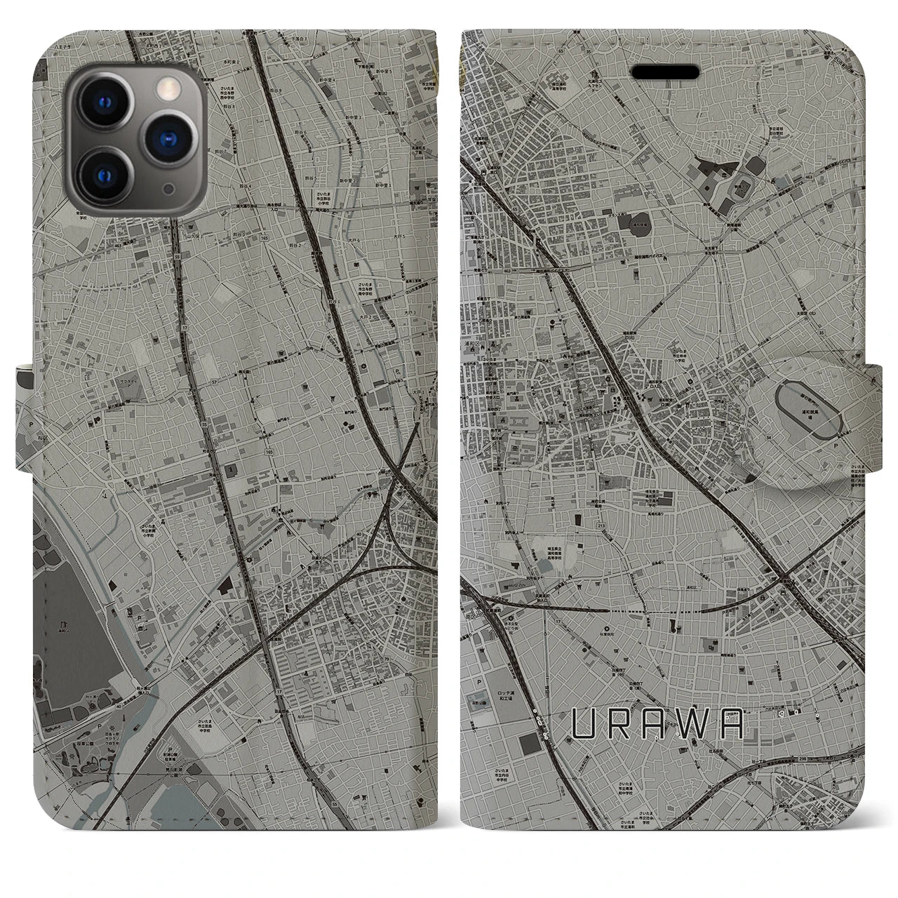 【浦和(埼玉県)】地図柄iPhoneケース(手帳タイプ)モノトーン・iPhone 11 Pro Max 用