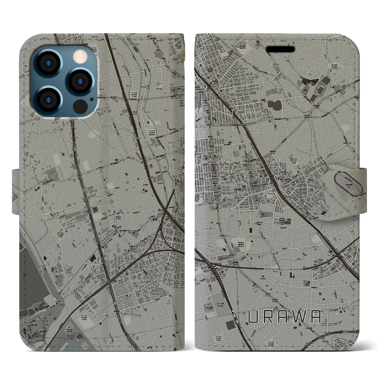 【浦和(埼玉県)】地図柄iPhoneケース(手帳タイプ)モノトーン・iPhone 12 / 12 Pro 用
