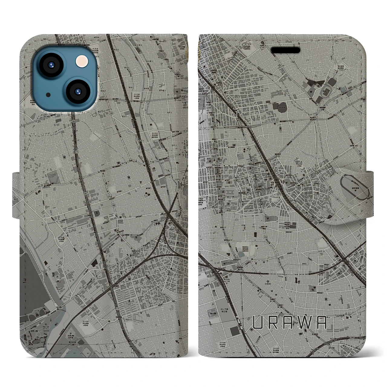 【浦和(埼玉県)】地図柄iPhoneケース(手帳タイプ)モノトーン・iPhone 13 用