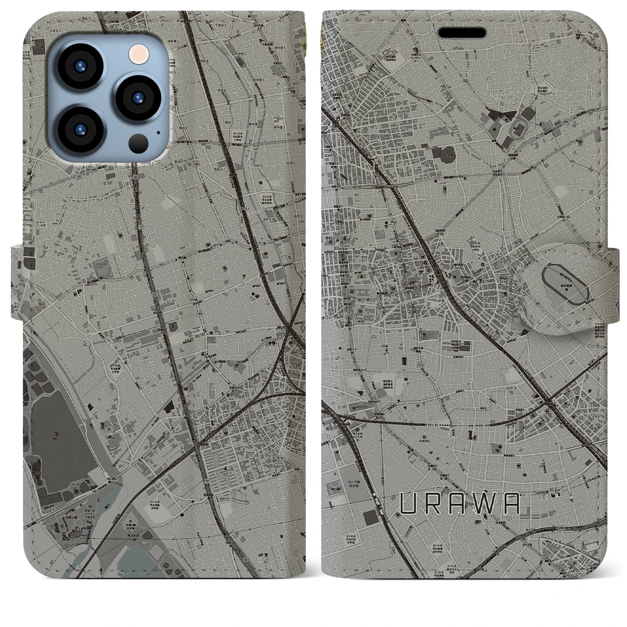 【浦和(埼玉県)】地図柄iPhoneケース(手帳タイプ)モノトーン・iPhone 13 Pro Max 用