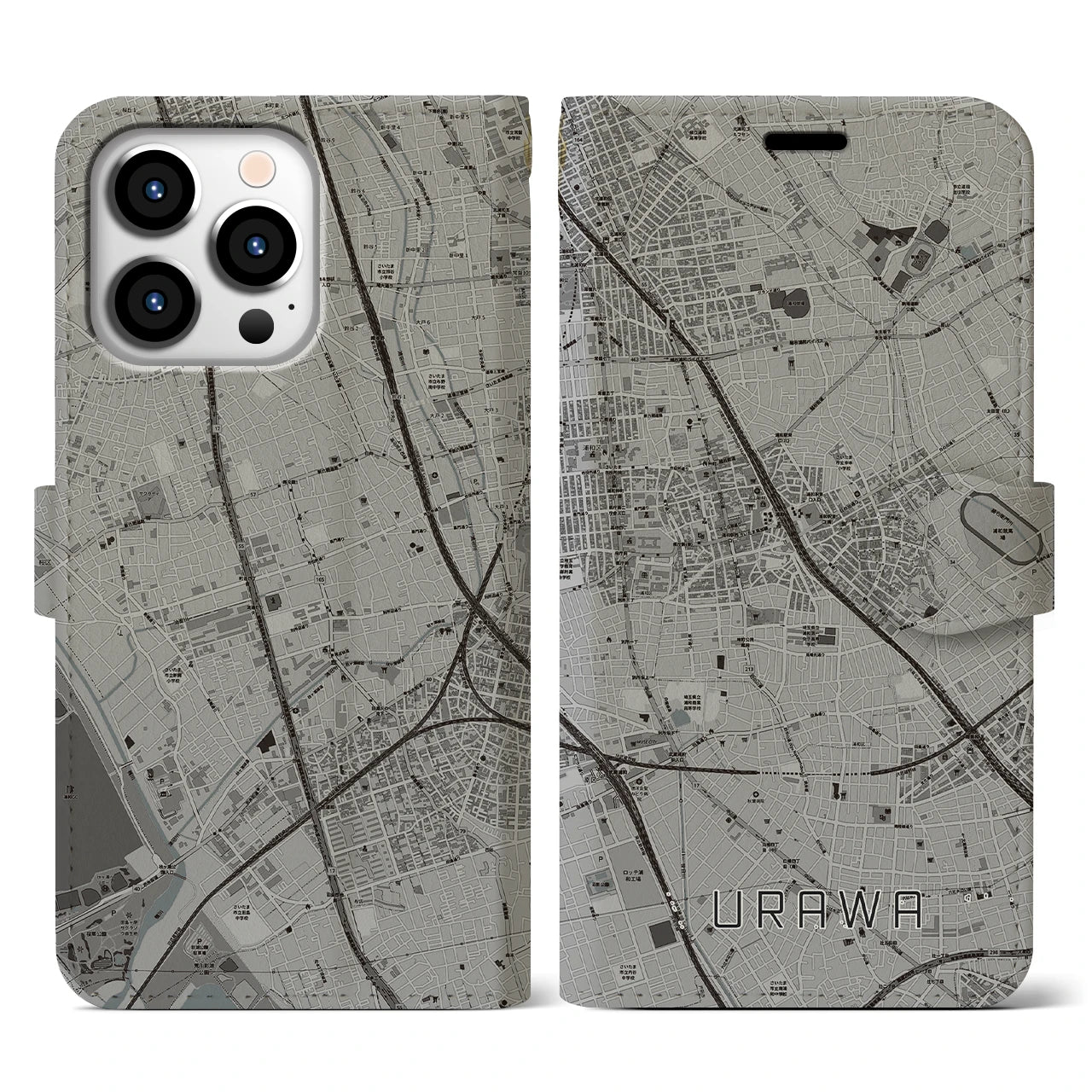 【浦和(埼玉県)】地図柄iPhoneケース(手帳タイプ)モノトーン・iPhone 13 Pro 用