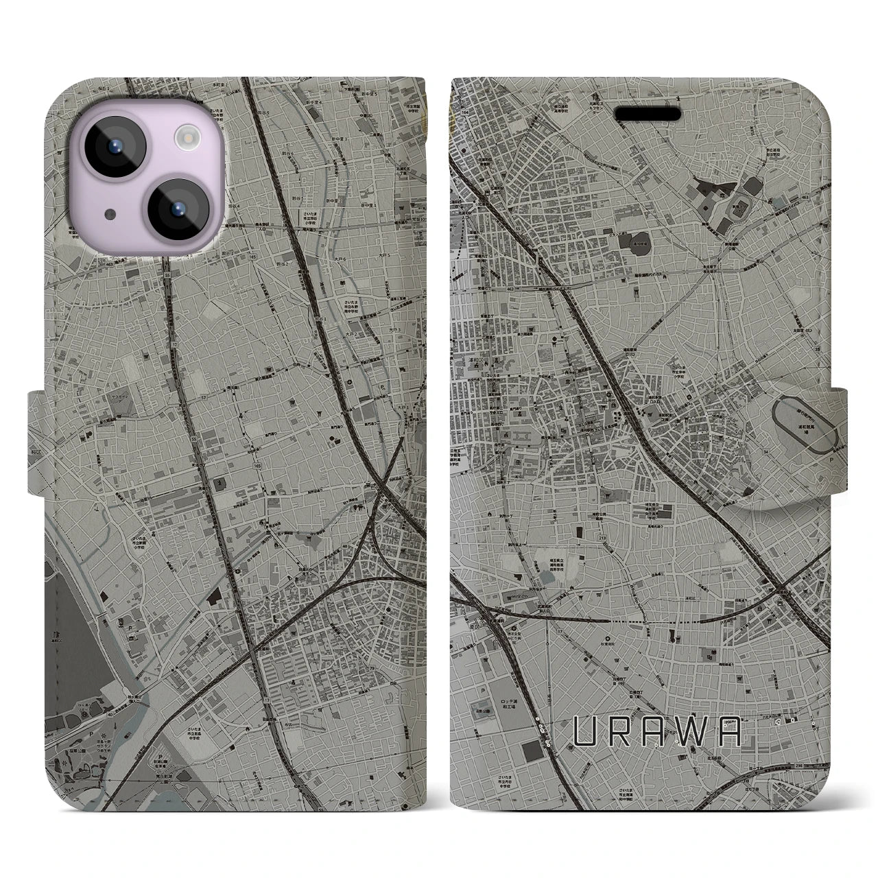 【浦和(埼玉県)】地図柄iPhoneケース(手帳タイプ)モノトーン・iPhone 14 用