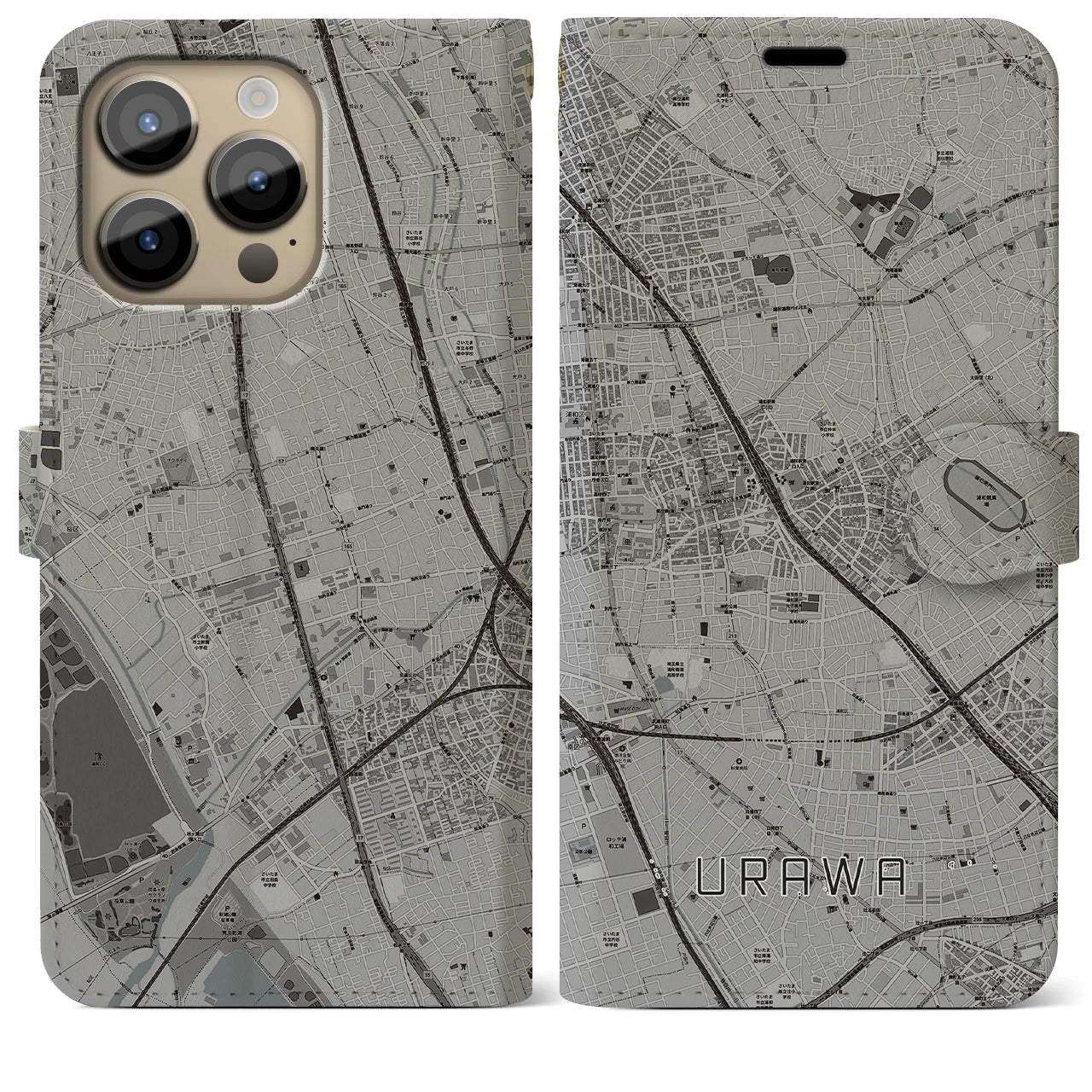【浦和(埼玉県)】地図柄iPhoneケース(手帳タイプ)モノトーン・iPhone 14 Pro Max 用