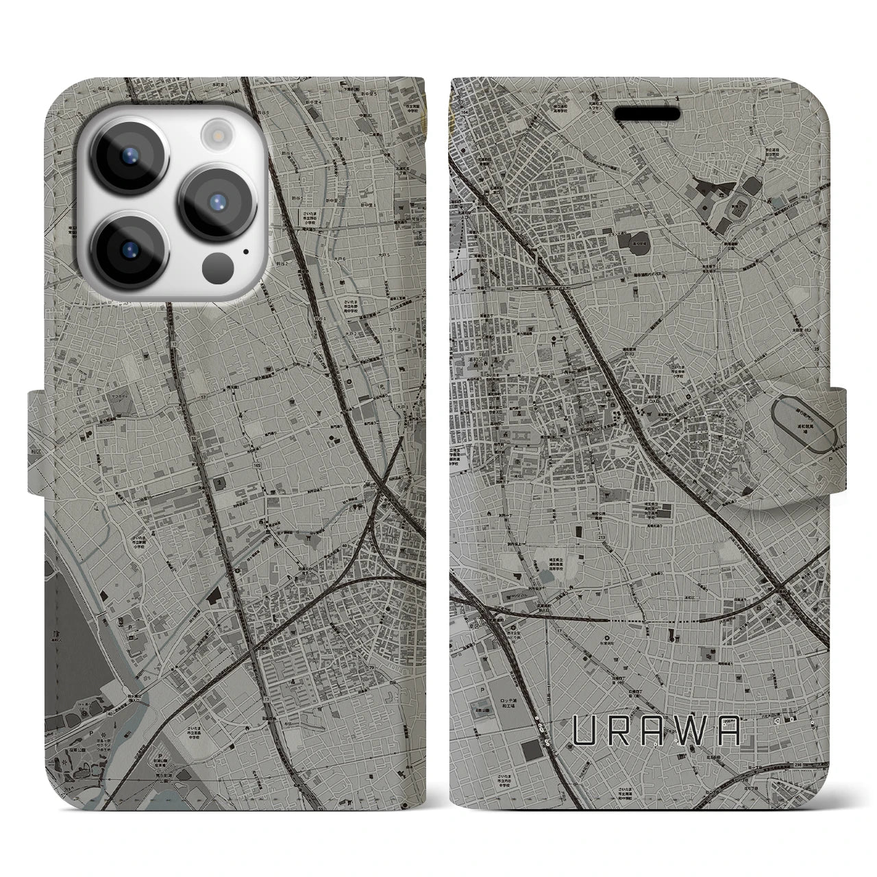 【浦和(埼玉県)】地図柄iPhoneケース(手帳タイプ)モノトーン・iPhone 14 Pro 用