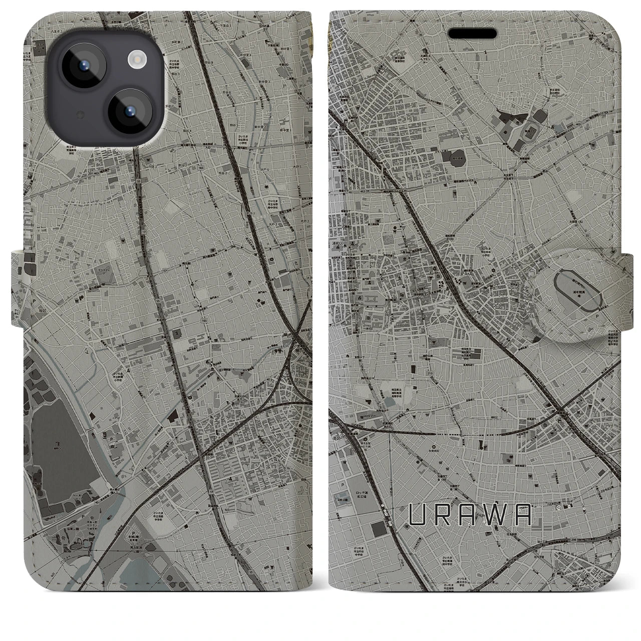 【浦和(埼玉県)】地図柄iPhoneケース(手帳タイプ)モノトーン・iPhone 14 Plus 用