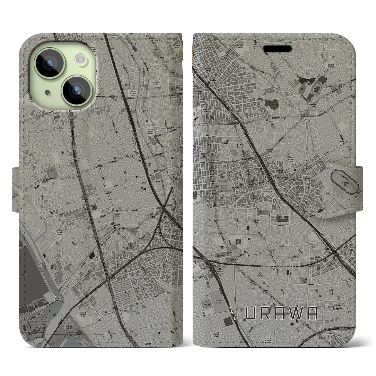 【浦和(埼玉県)】地図柄iPhoneケース(手帳タイプ)モノトーン・iPhone 15 用