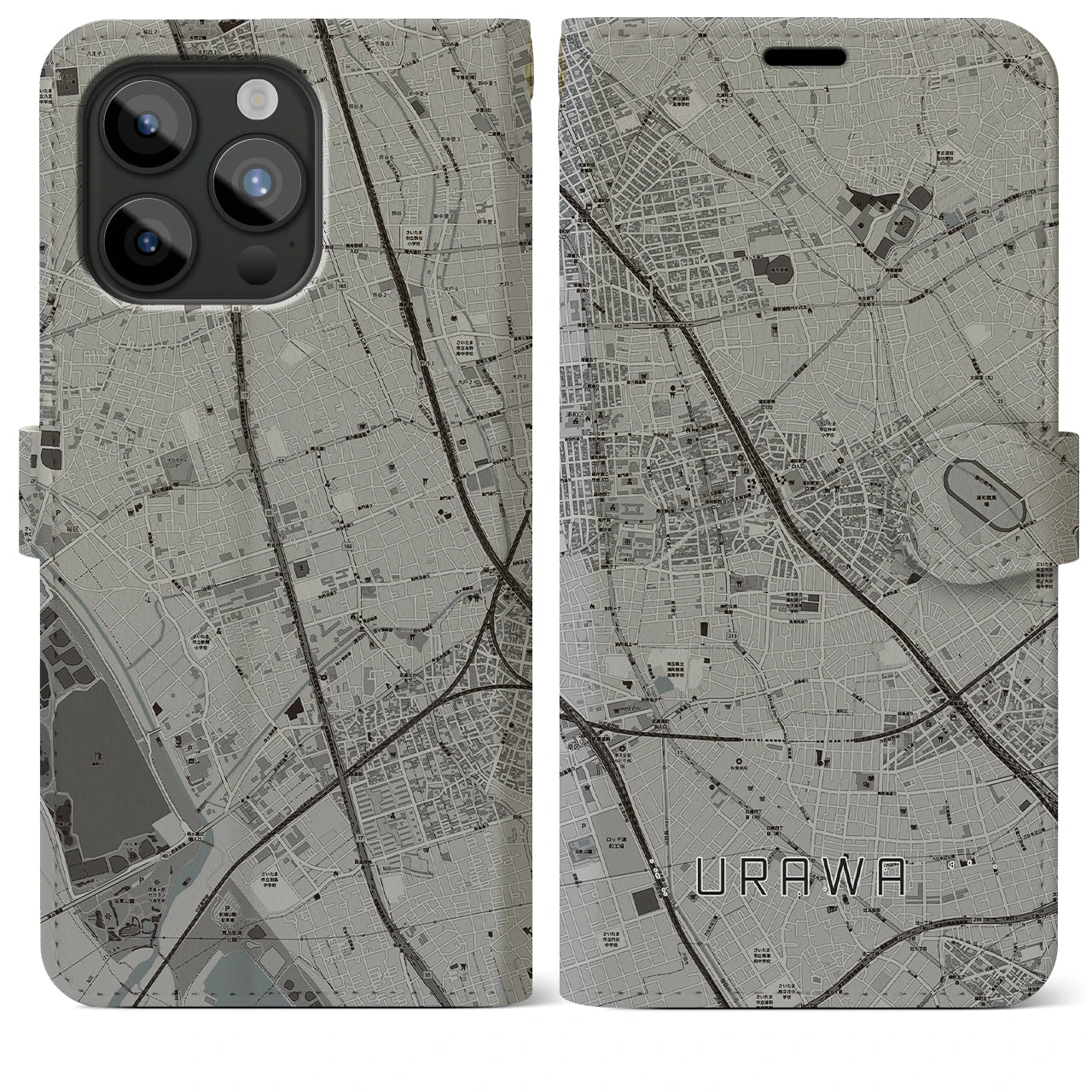 【浦和(埼玉県)】地図柄iPhoneケース(手帳タイプ)モノトーン・iPhone 15 Pro Max 用