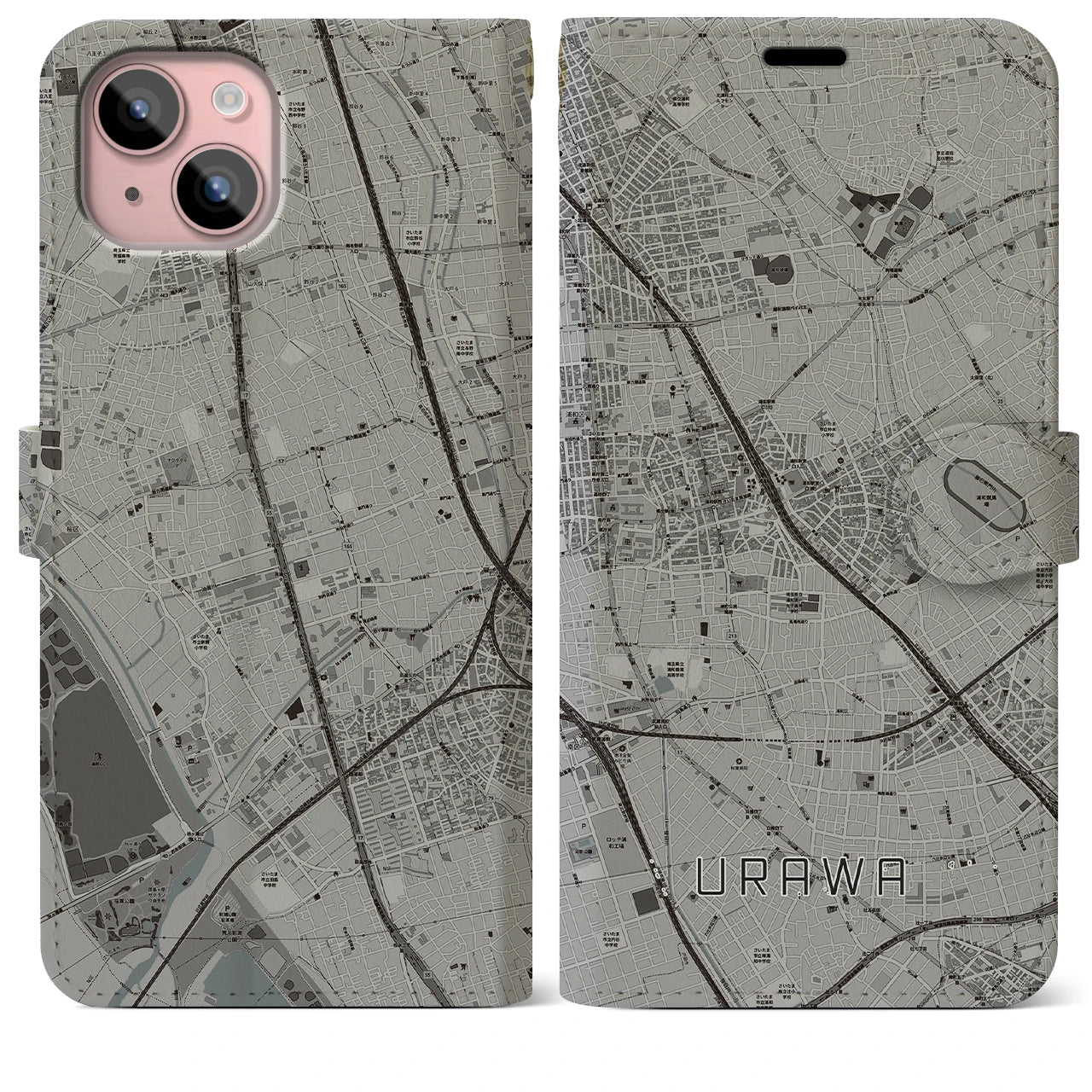 【浦和(埼玉県)】地図柄iPhoneケース(手帳タイプ)モノトーン・iPhone 15 Plus 用
