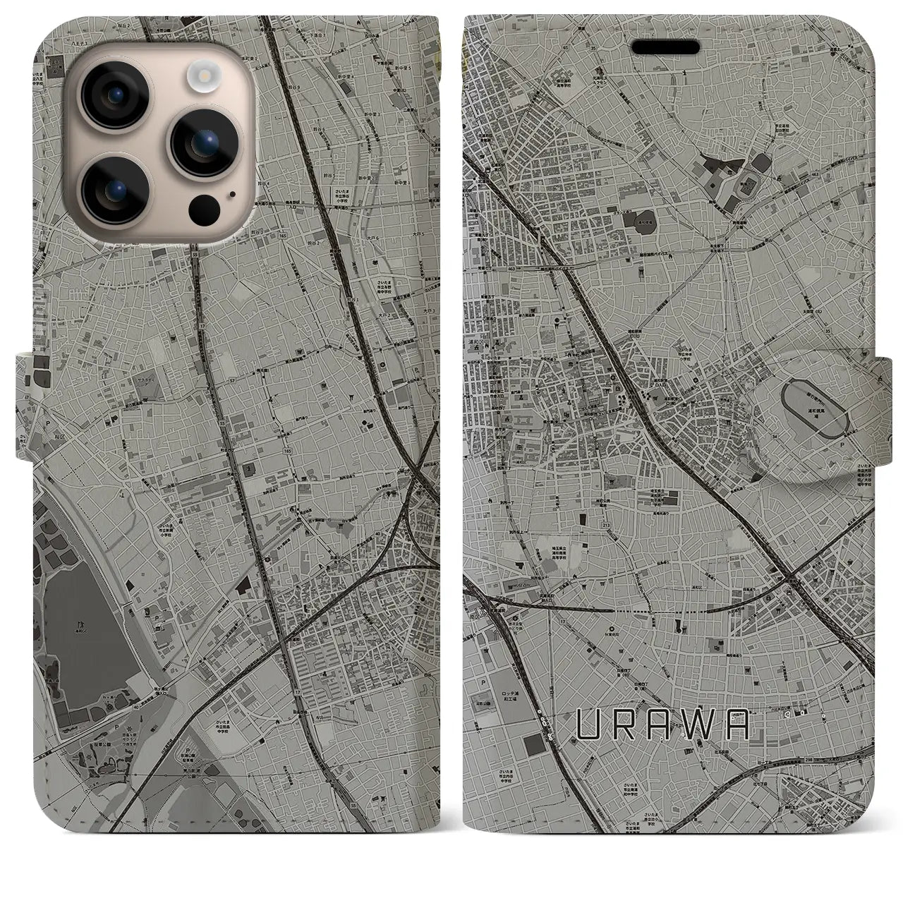 【浦和(埼玉県)】地図柄iPhoneケース(手帳タイプ)モノトーン・iPhone 16 Plus 用