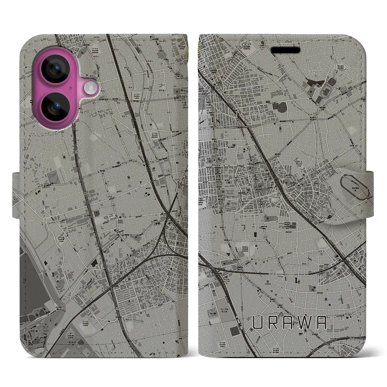 【浦和(埼玉県)】地図柄iPhoneケース(手帳タイプ)モノトーン・iPhone 16 Pro 用