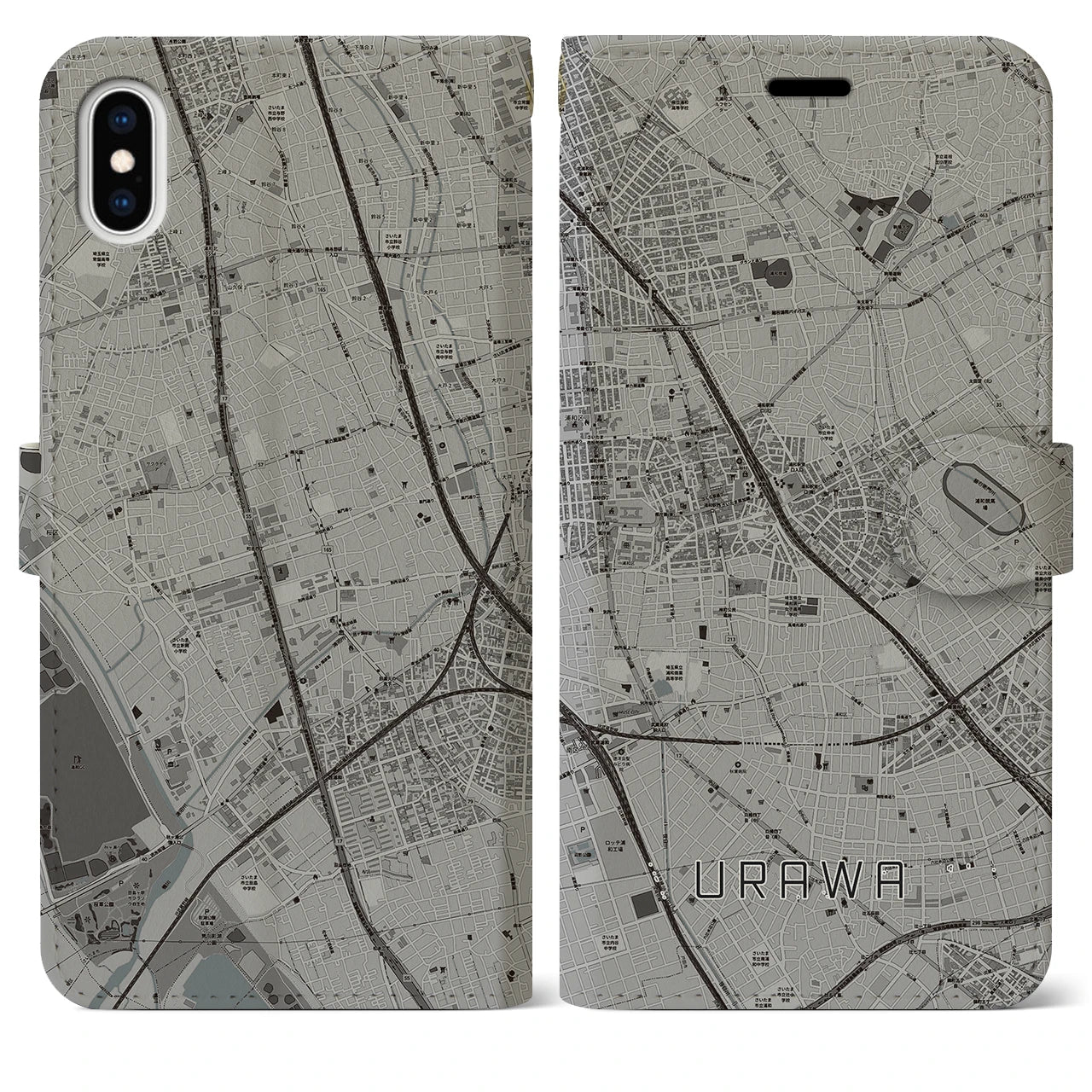 【浦和(埼玉県)】地図柄iPhoneケース(手帳タイプ)モノトーン・iPhone XS Max 用