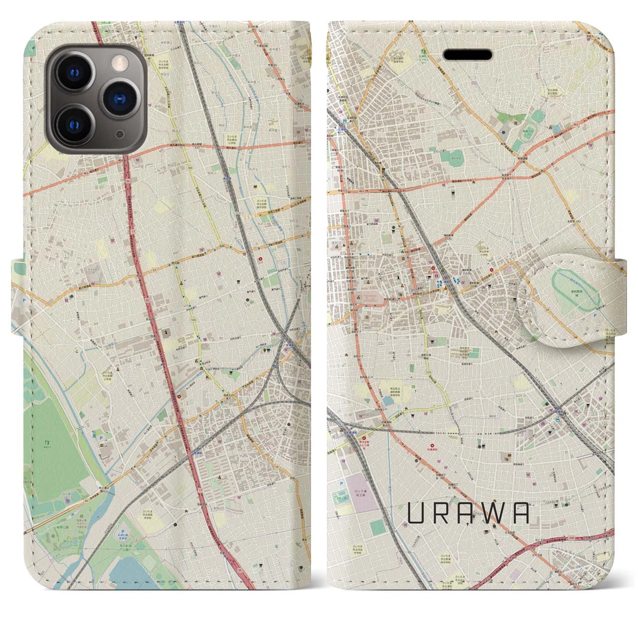 【浦和(埼玉県)】地図柄iPhoneケース(手帳タイプ)ナチュラル・iPhone 11 Pro Max 用