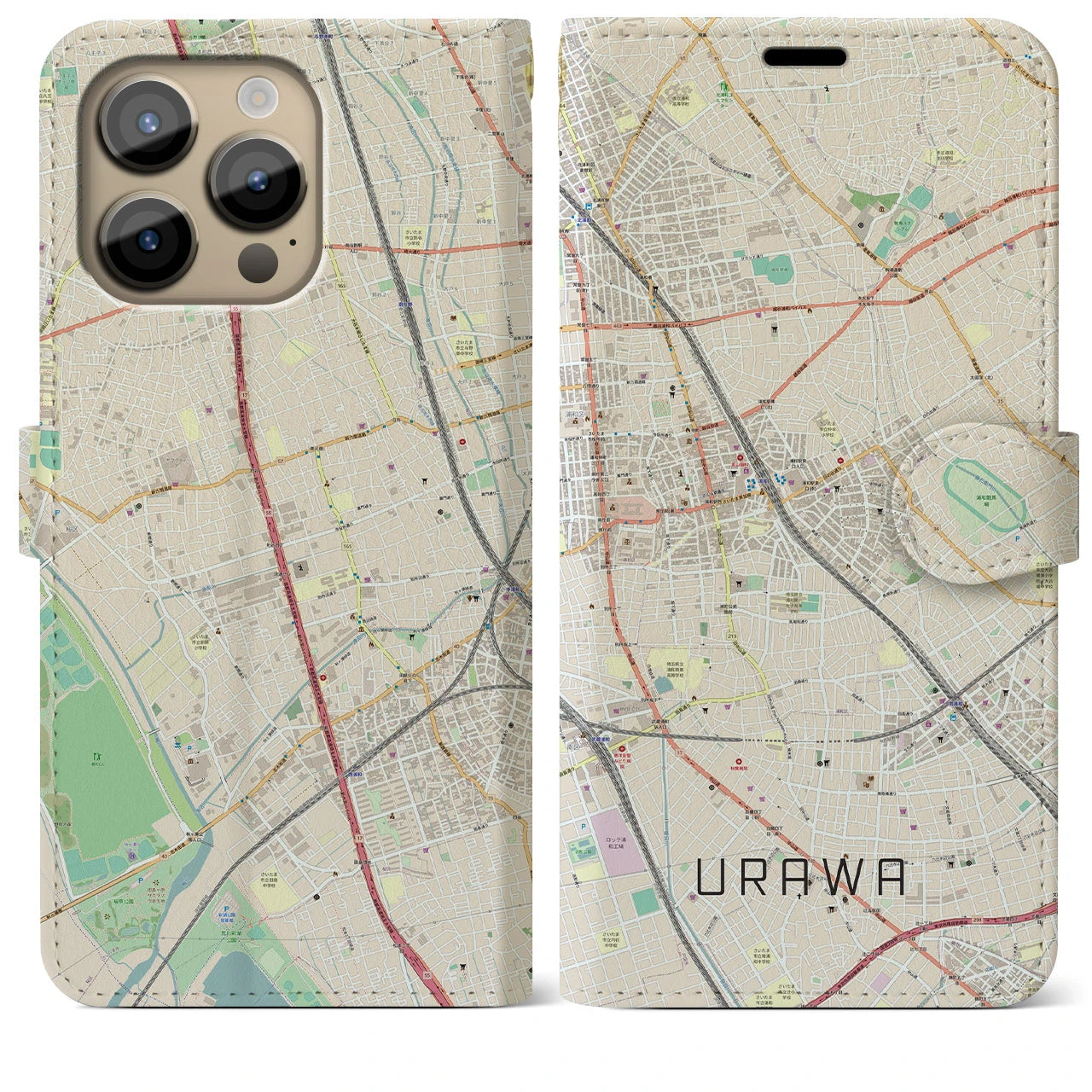 【浦和(埼玉県)】地図柄iPhoneケース(手帳タイプ)ナチュラル・iPhone 14 Pro Max 用