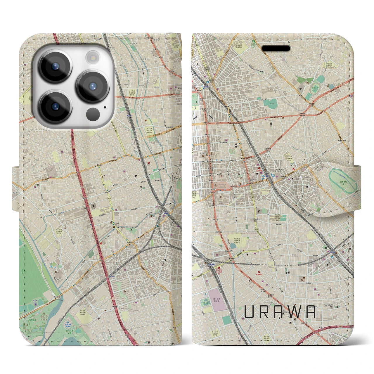 【浦和(埼玉県)】地図柄iPhoneケース(手帳タイプ)ナチュラル・iPhone 14 Pro 用