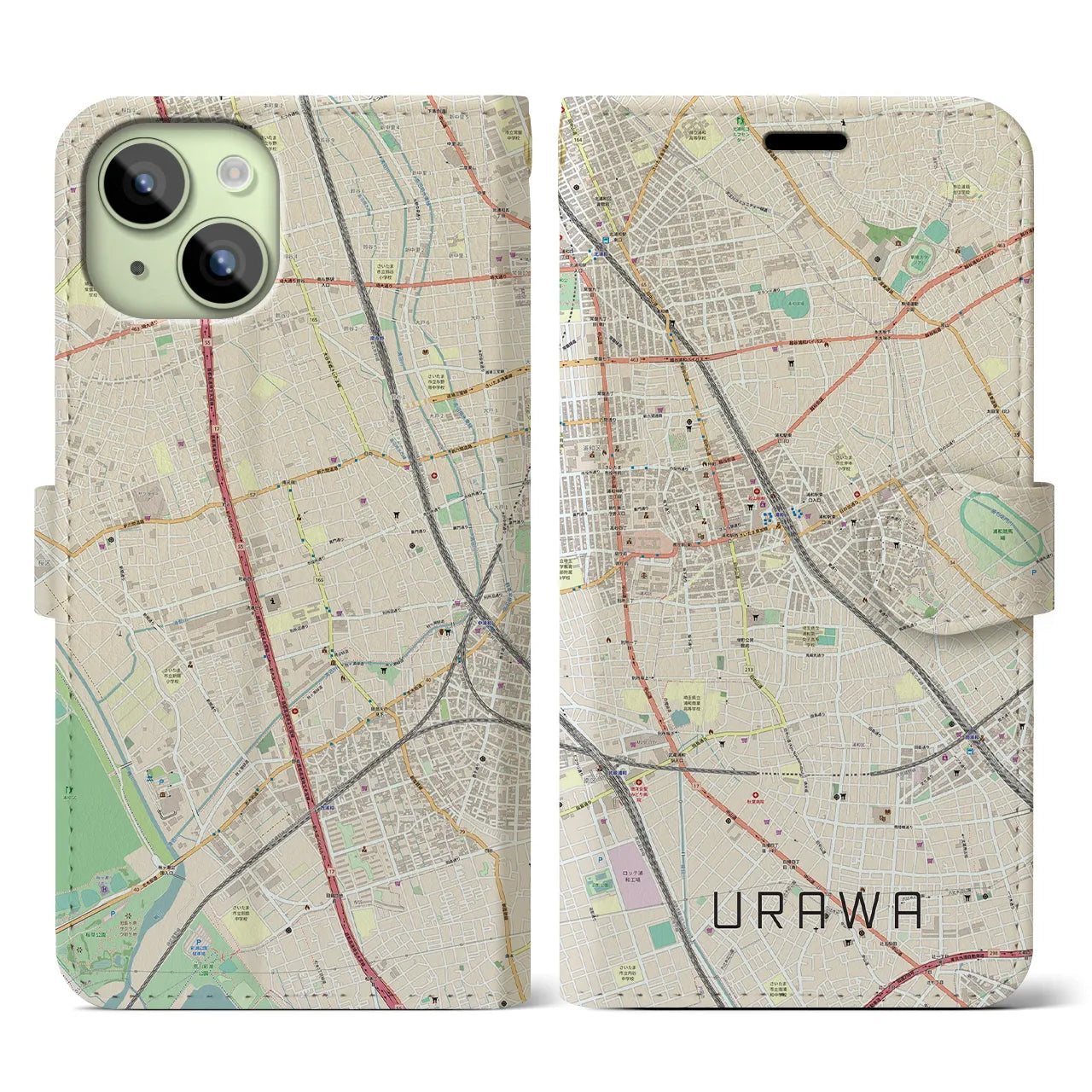 【浦和(埼玉県)】地図柄iPhoneケース(手帳タイプ)ナチュラル・iPhone 15 用