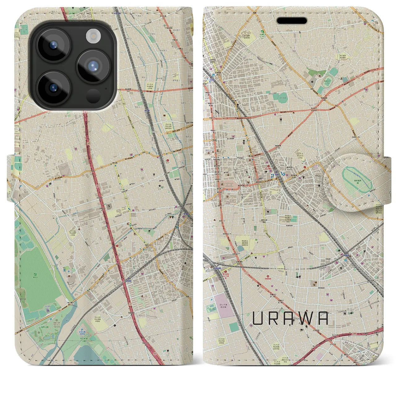 【浦和(埼玉県)】地図柄iPhoneケース(手帳タイプ)ナチュラル・iPhone 15 Pro Max 用