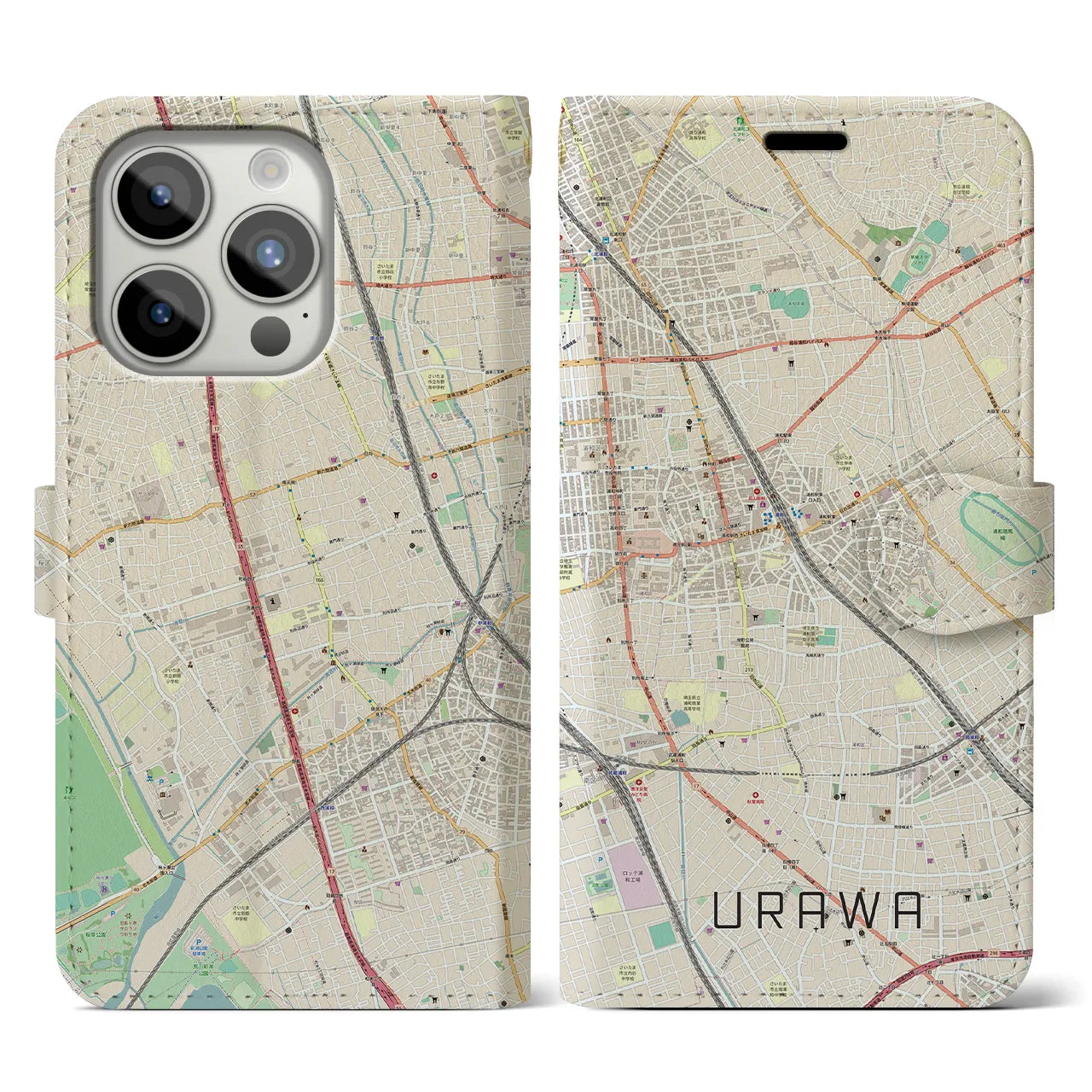 【浦和(埼玉県)】地図柄iPhoneケース(手帳タイプ)ナチュラル・iPhone 15 Pro 用