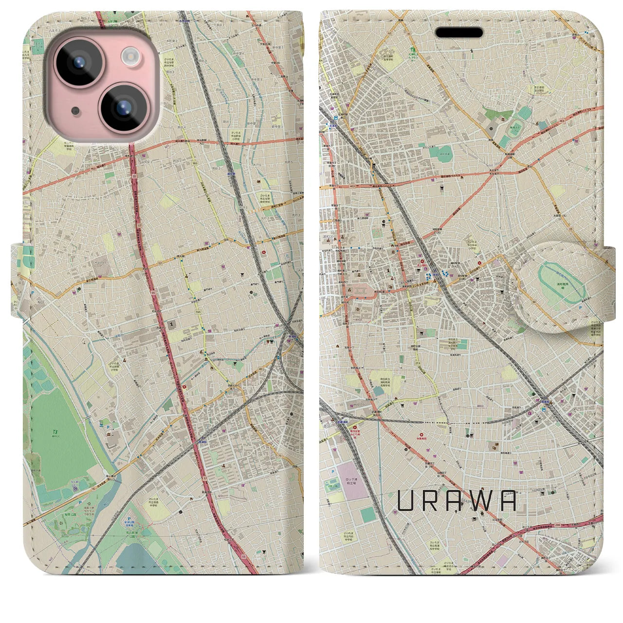 【浦和(埼玉県)】地図柄iPhoneケース(手帳タイプ)ナチュラル・iPhone 15 Plus 用
