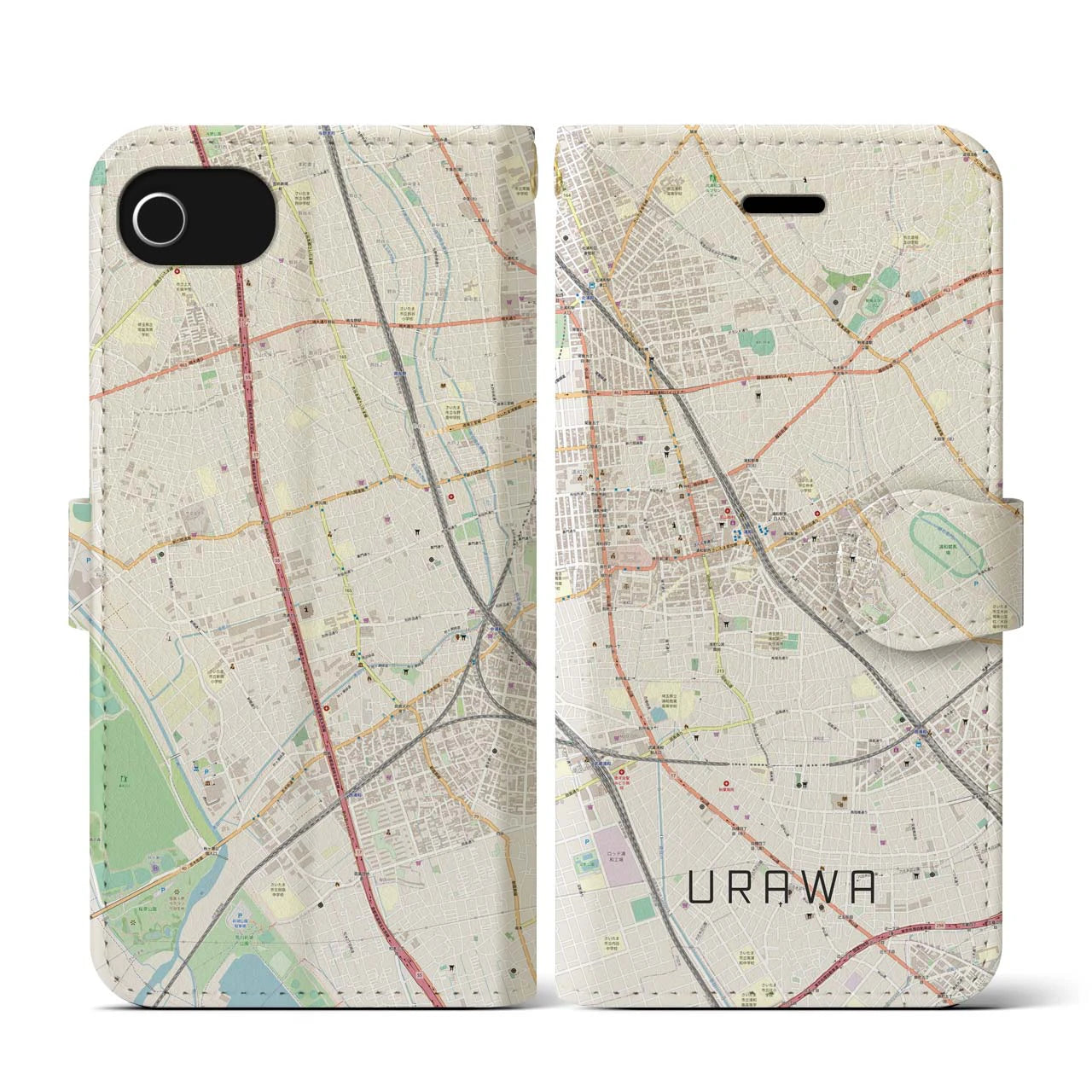 【浦和(埼玉県)】地図柄iPhoneケース(手帳タイプ)ナチュラル・iPhone SE(第3 / 第2世代) / 8 / 7 / 6s / 6 用