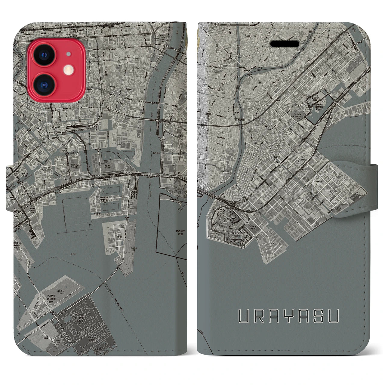 【浦安2(千葉県)】地図柄iPhoneケース(手帳タイプ)モノトーン・iPhone 11 用