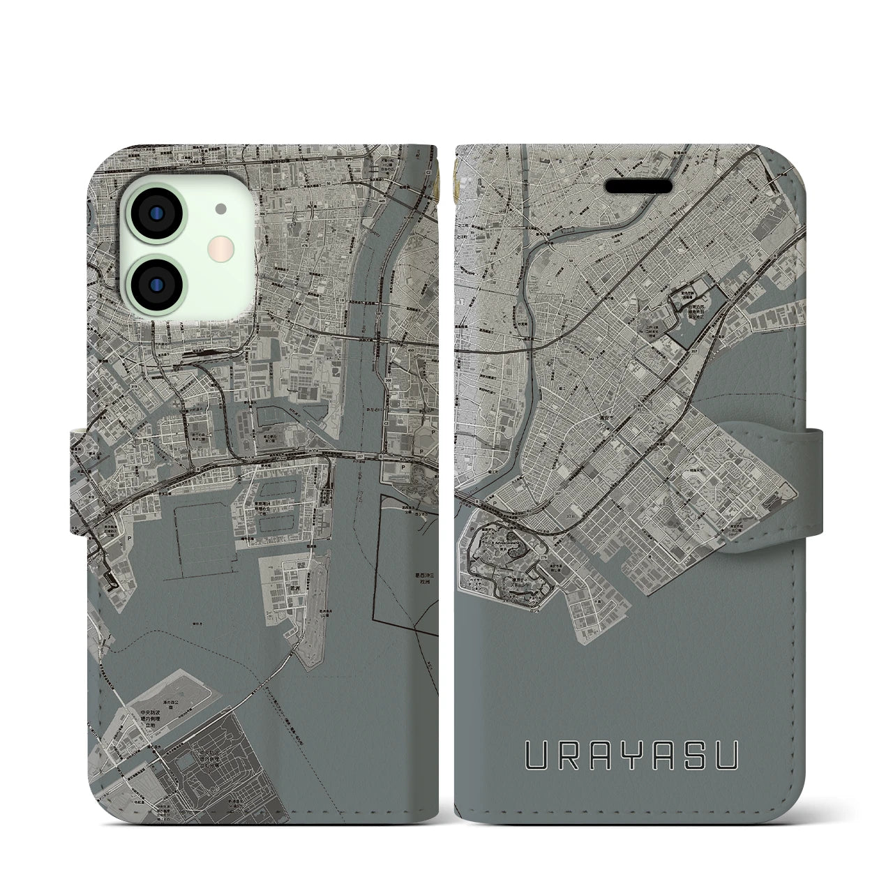【浦安2(千葉県)】地図柄iPhoneケース(手帳タイプ)モノトーン・iPhone 12 mini 用