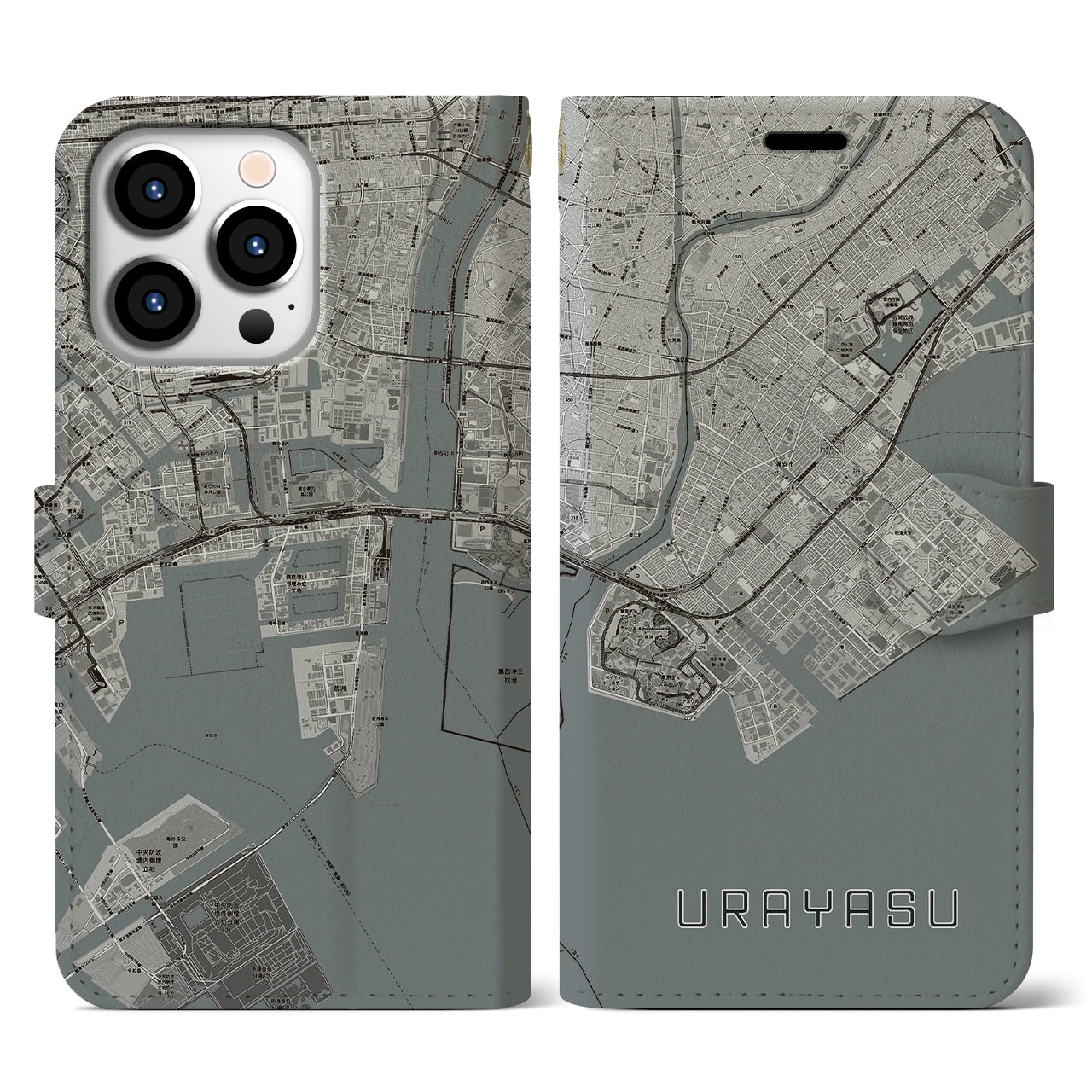 【浦安2(千葉県)】地図柄iPhoneケース(手帳タイプ)モノトーン・iPhone 13 Pro 用