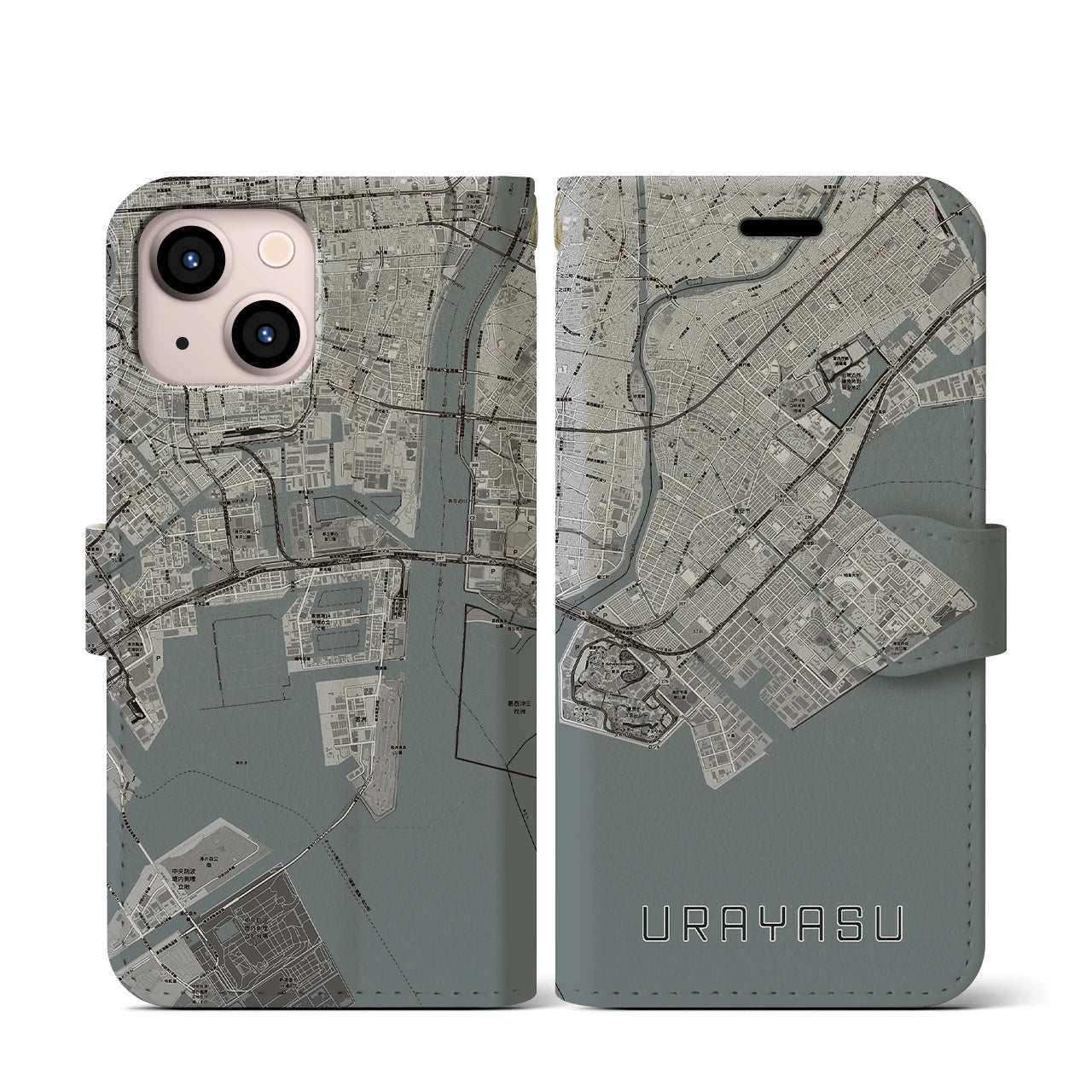 【浦安2(千葉県)】地図柄iPhoneケース(手帳タイプ)モノトーン・iPhone 13 mini 用