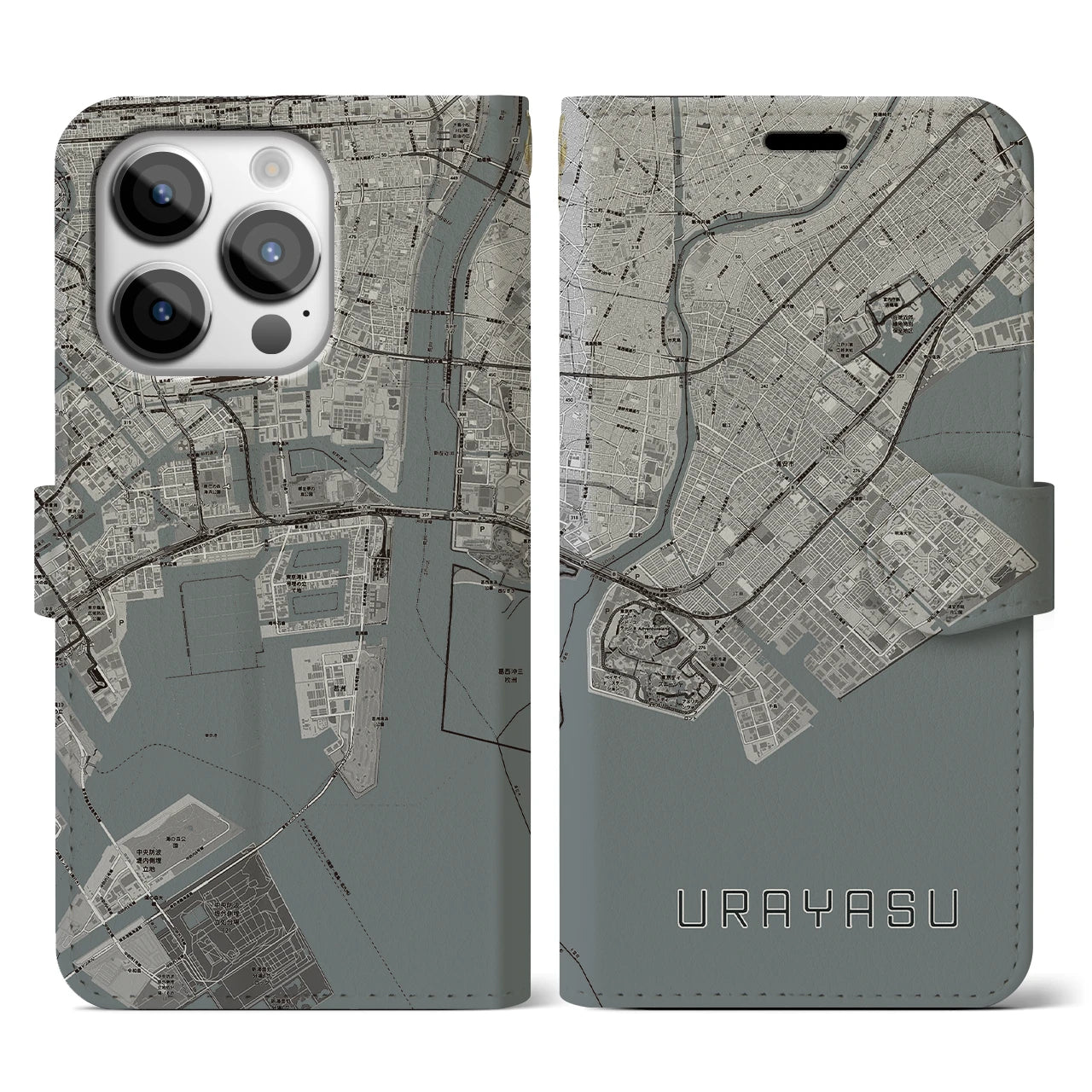 【浦安2(千葉県)】地図柄iPhoneケース(手帳タイプ)モノトーン・iPhone 14 Pro 用