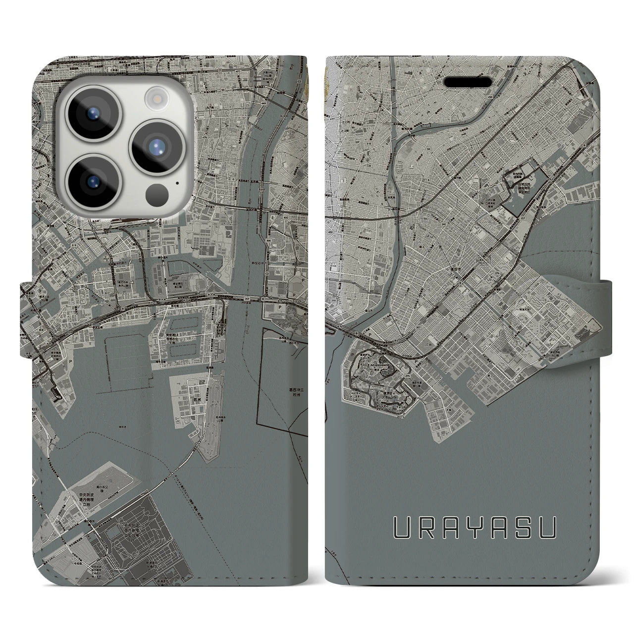 【浦安2(千葉県)】地図柄iPhoneケース(手帳タイプ)モノトーン・iPhone 15 Pro 用