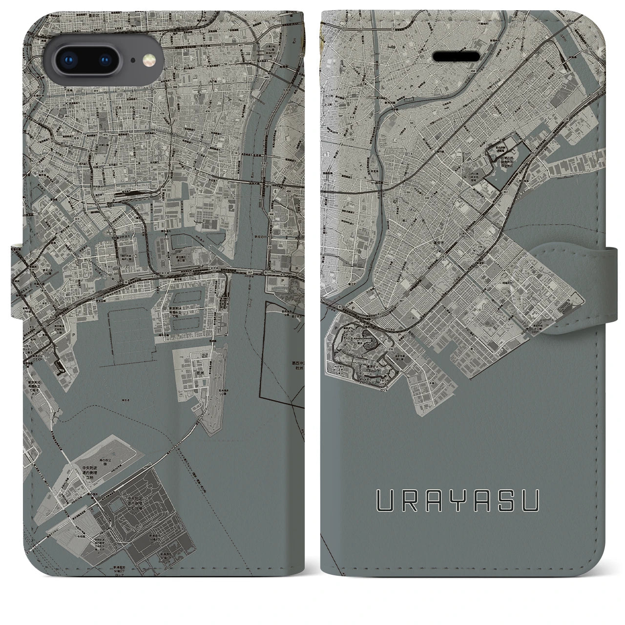 【浦安2(千葉県)】地図柄iPhoneケース(手帳タイプ)モノトーン・iPhone 8Plus /7Plus / 6sPlus / 6Plus 用
