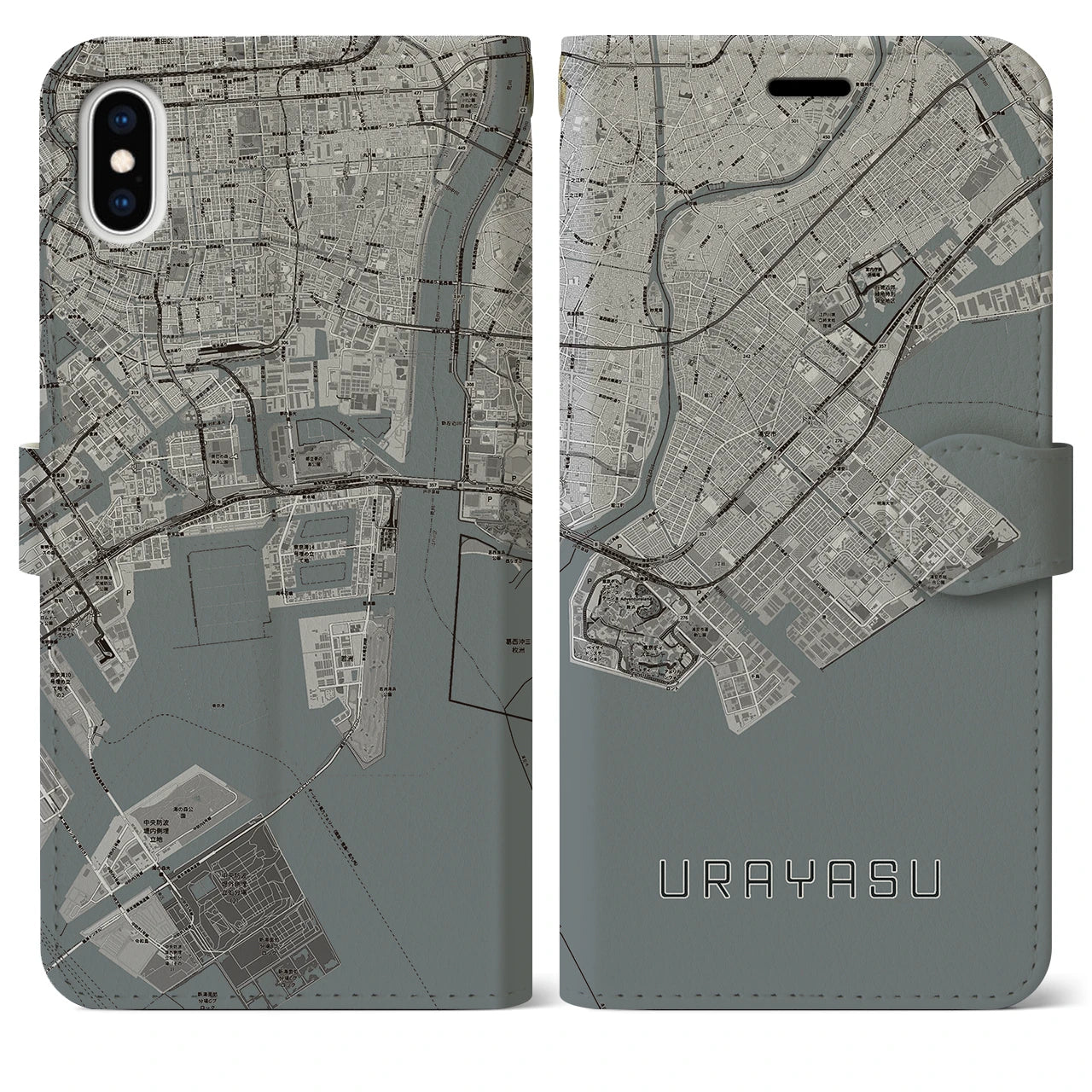 【浦安2(千葉県)】地図柄iPhoneケース(手帳タイプ)モノトーン・iPhone XS Max 用