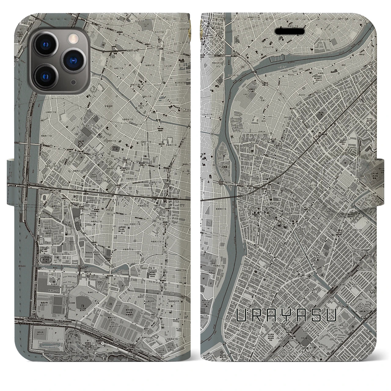 【浦安(千葉県)】地図柄iPhoneケース(手帳タイプ)モノトーン・iPhone 11 Pro Max 用