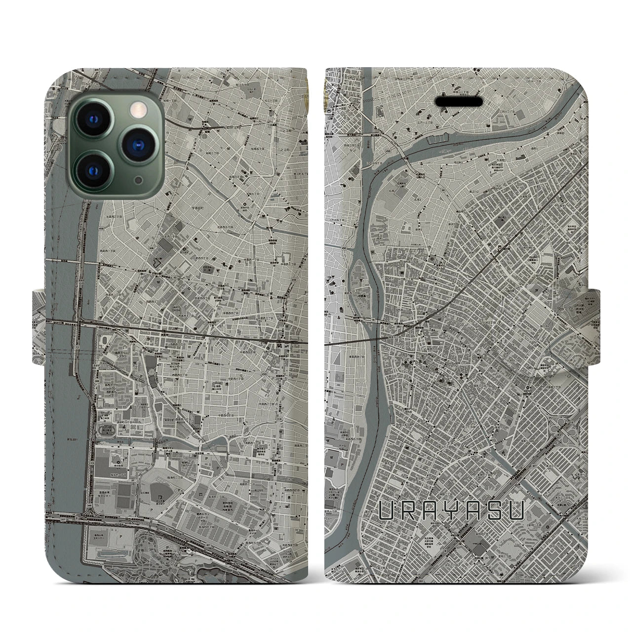 【浦安(千葉県)】地図柄iPhoneケース(手帳タイプ)モノトーン・iPhone 11 Pro 用