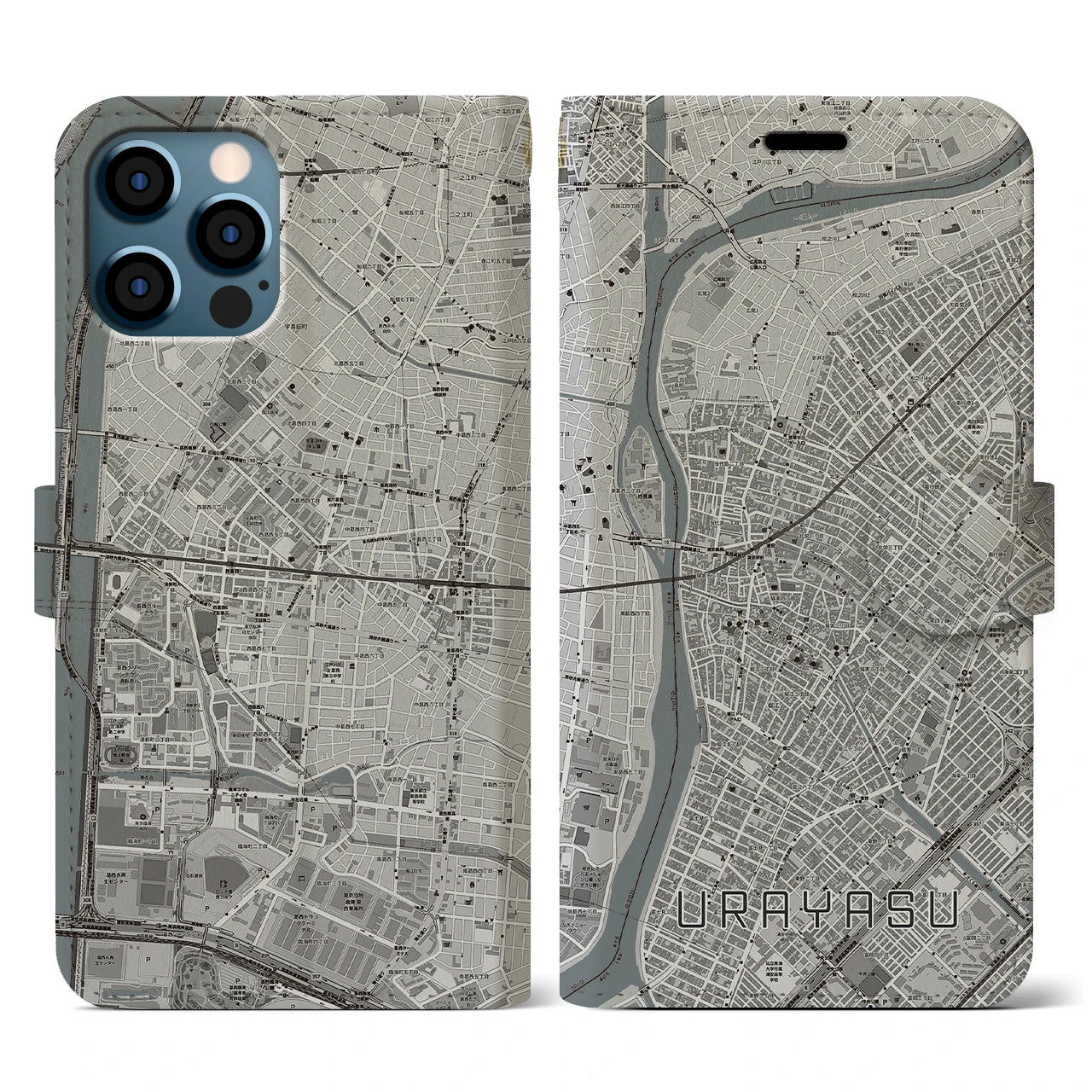 【浦安(千葉県)】地図柄iPhoneケース(手帳タイプ)モノトーン・iPhone 12 / 12 Pro 用