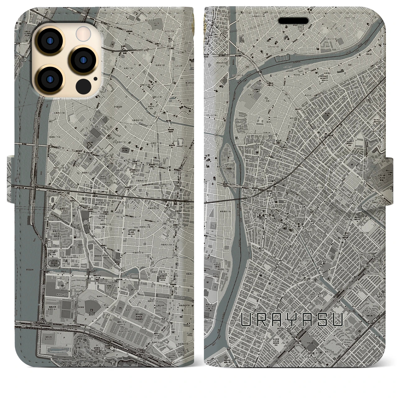 【浦安(千葉県)】地図柄iPhoneケース(手帳タイプ)モノトーン・iPhone 12 Pro Max 用
