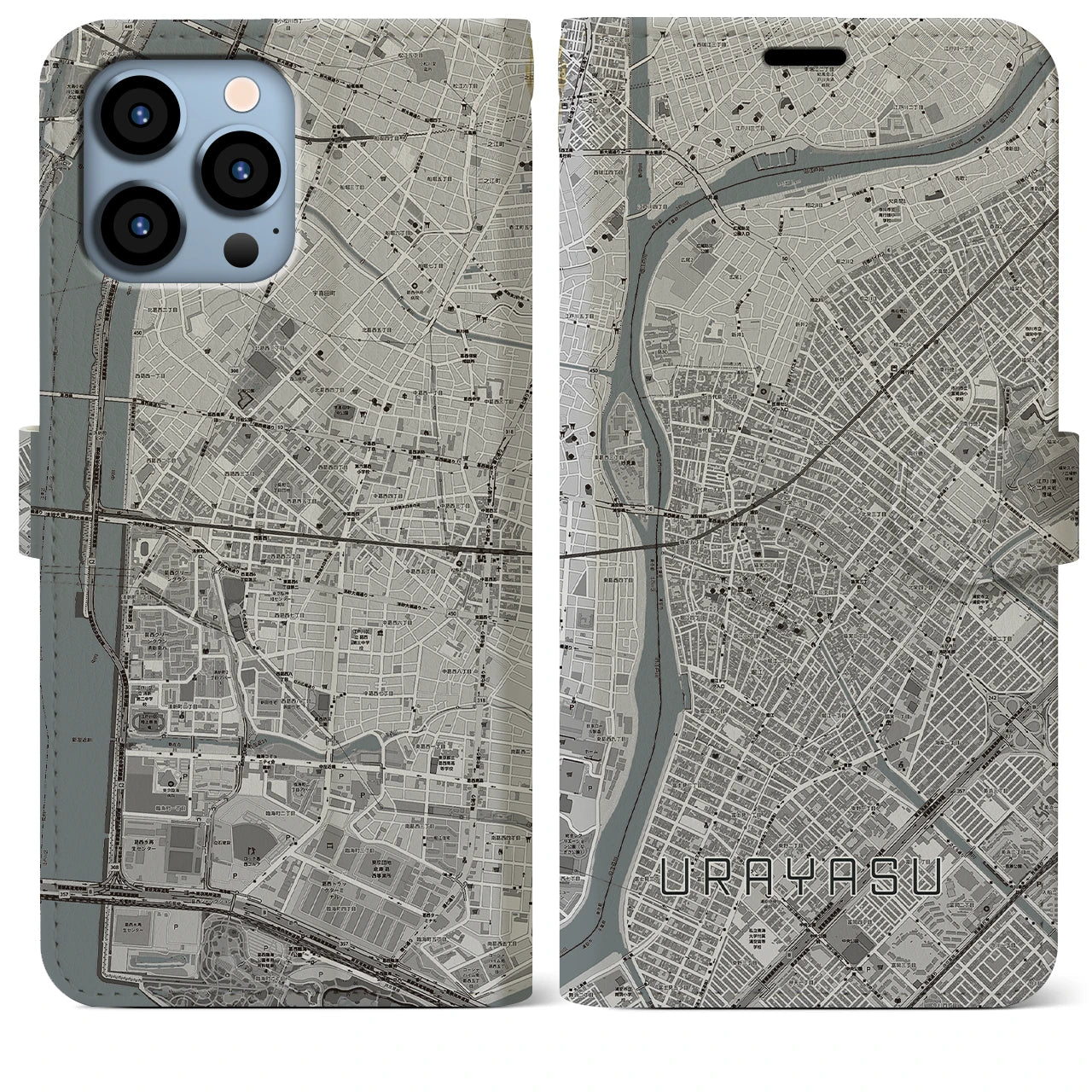 【浦安(千葉県)】地図柄iPhoneケース(手帳タイプ)モノトーン・iPhone 13 Pro Max 用