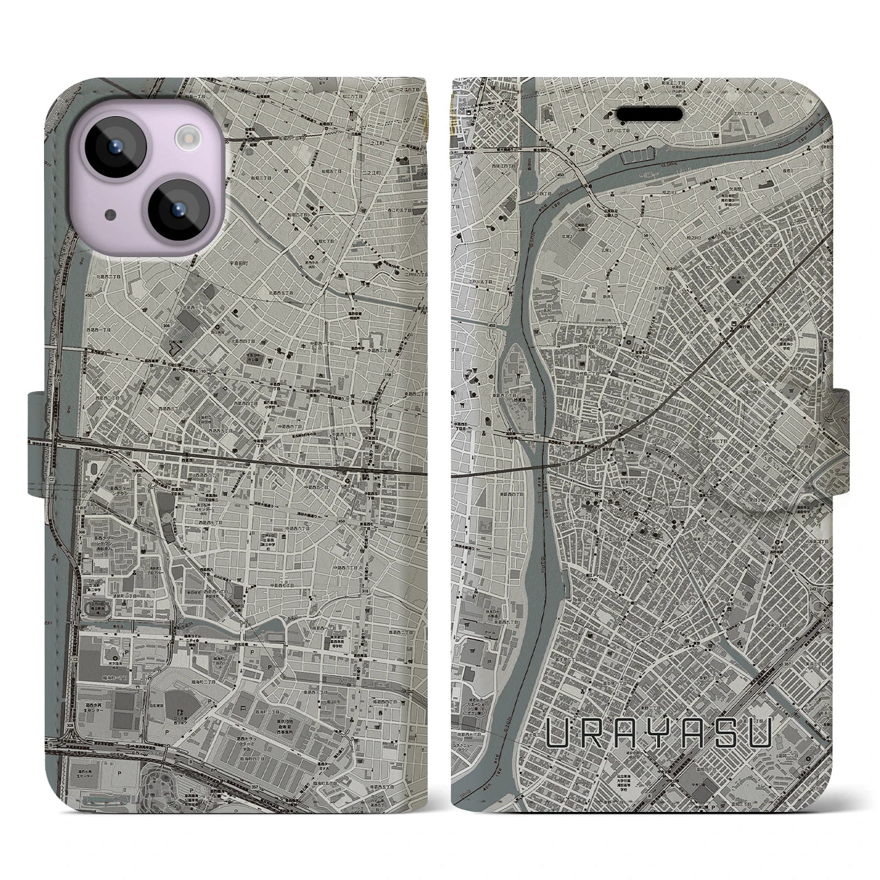 【浦安(千葉県)】地図柄iPhoneケース(手帳タイプ)モノトーン・iPhone 14 用