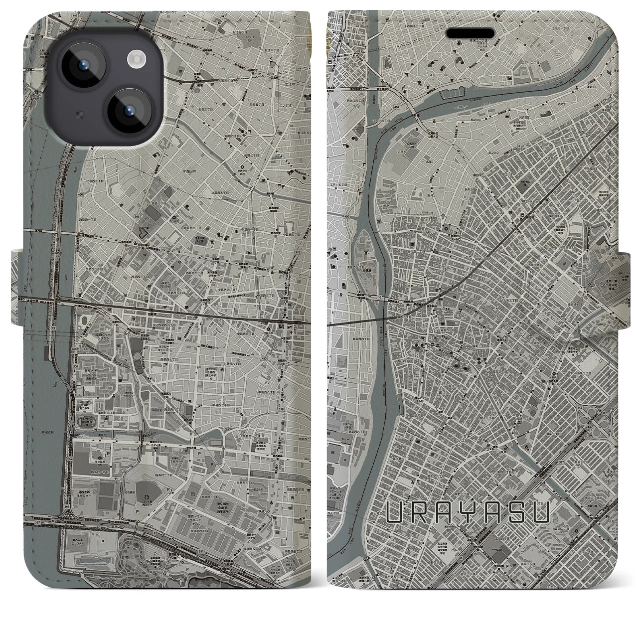 【浦安(千葉県)】地図柄iPhoneケース(手帳タイプ)モノトーン・iPhone 14 Plus 用