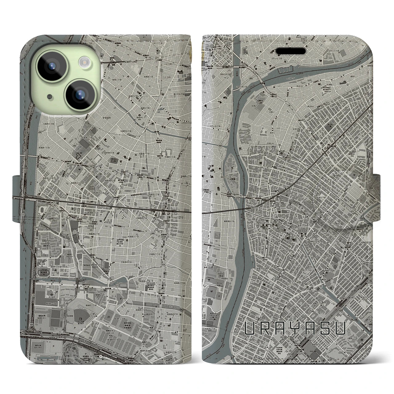 【浦安(千葉県)】地図柄iPhoneケース(手帳タイプ)モノトーン・iPhone 15 用