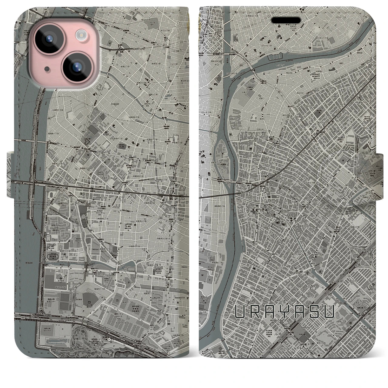 【浦安(千葉県)】地図柄iPhoneケース(手帳タイプ)モノトーン・iPhone 15 Plus 用