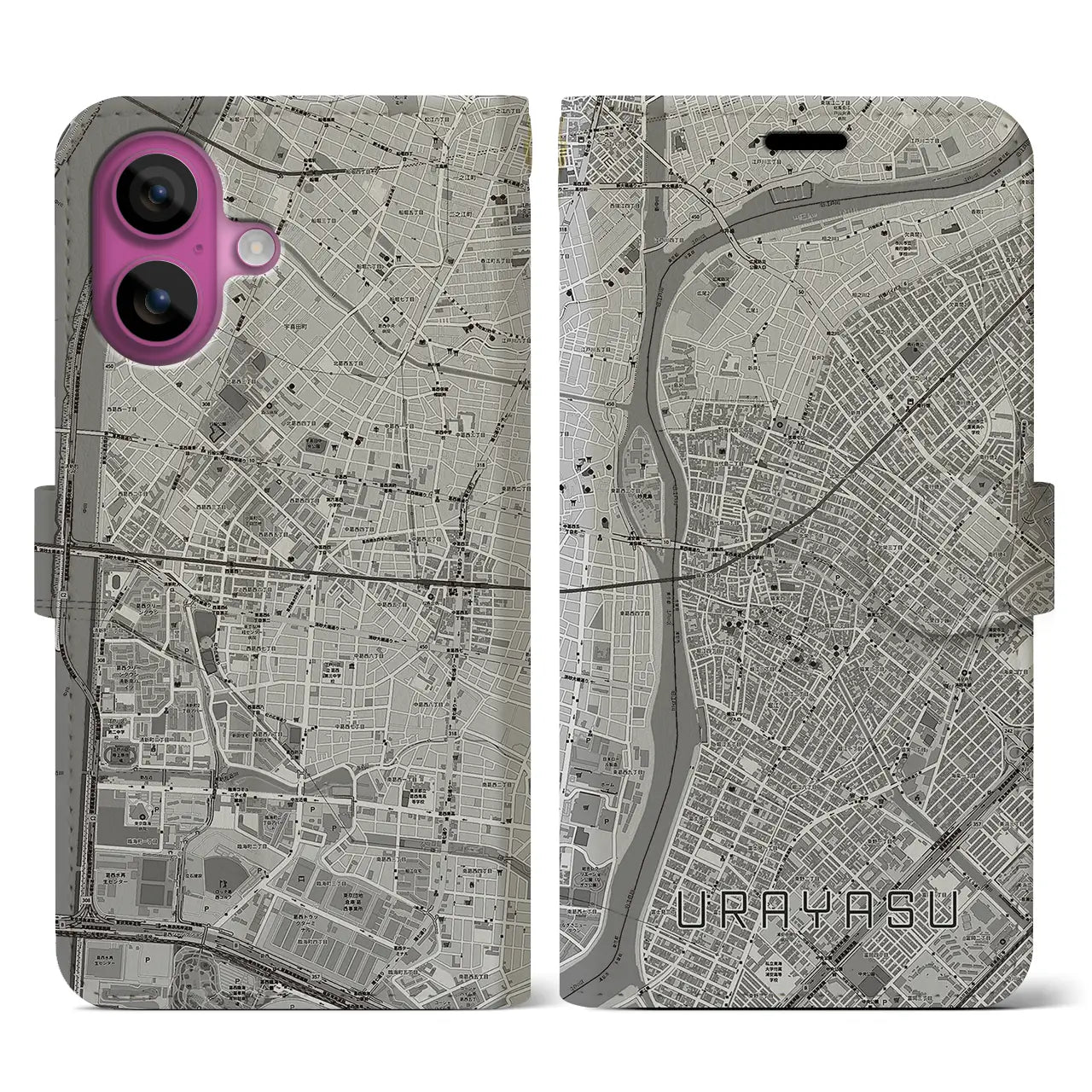 【浦安(千葉県)】地図柄iPhoneケース(手帳タイプ)モノトーン・iPhone 16 Pro 用