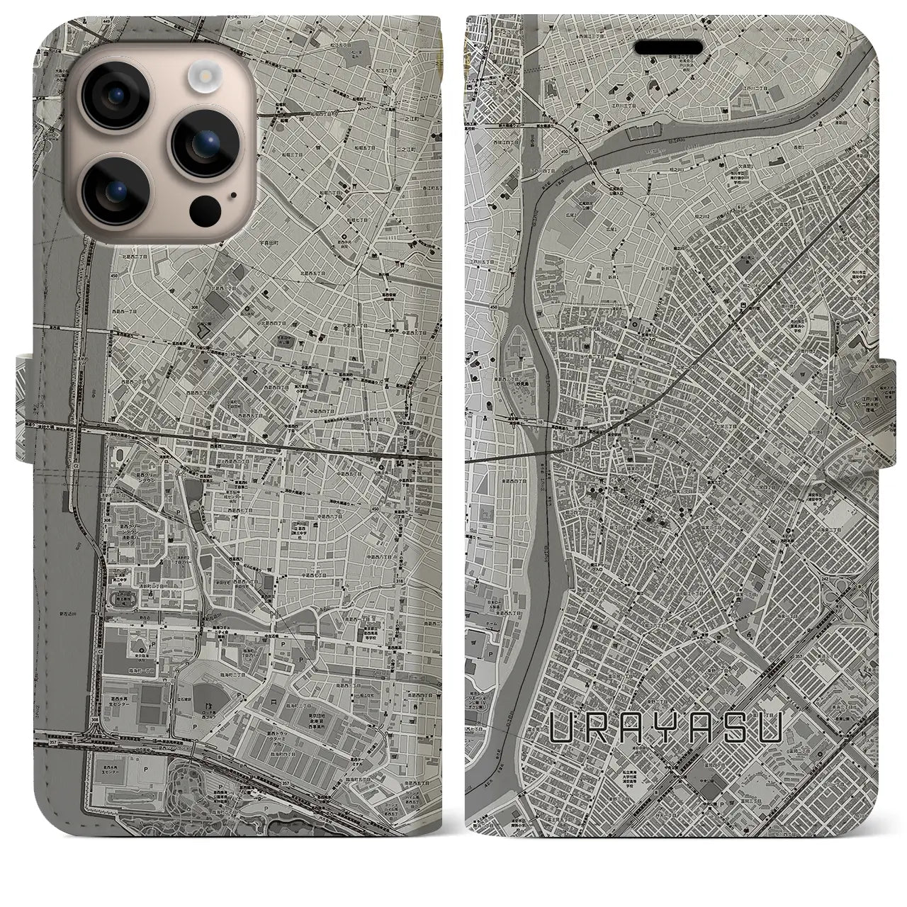 【浦安(千葉県)】地図柄iPhoneケース(手帳タイプ)モノトーン・iPhone 16 Plus 用