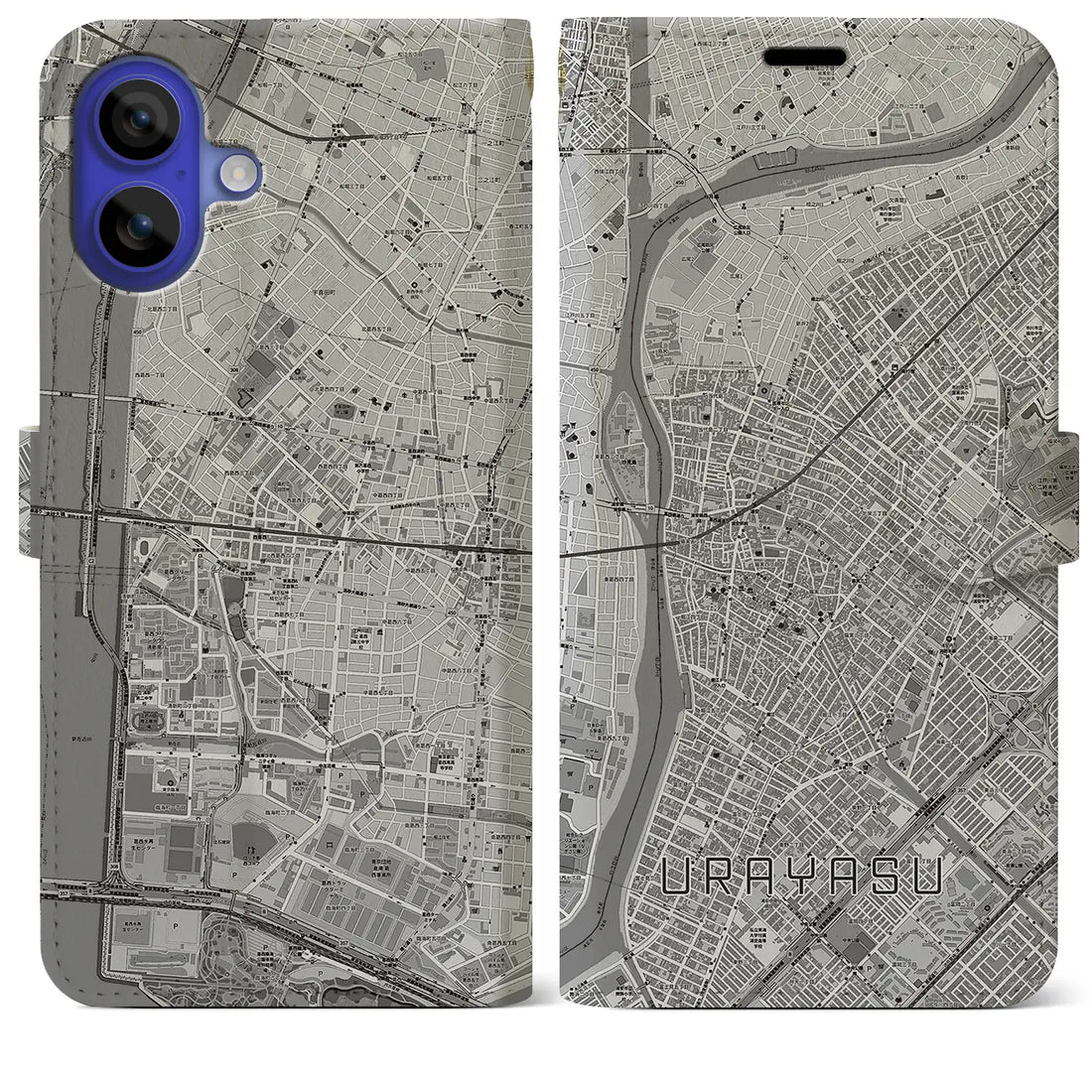 【浦安(千葉県)】地図柄iPhoneケース(手帳タイプ)モノトーン・iPhone 16 Pro Max 用