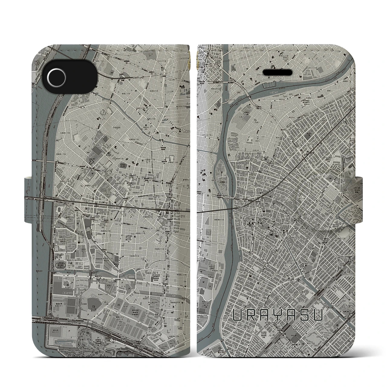 【浦安(千葉県)】地図柄iPhoneケース(手帳タイプ)モノトーン・iPhone SE(第3 / 第2世代) / 8 / 7 / 6s / 6 用