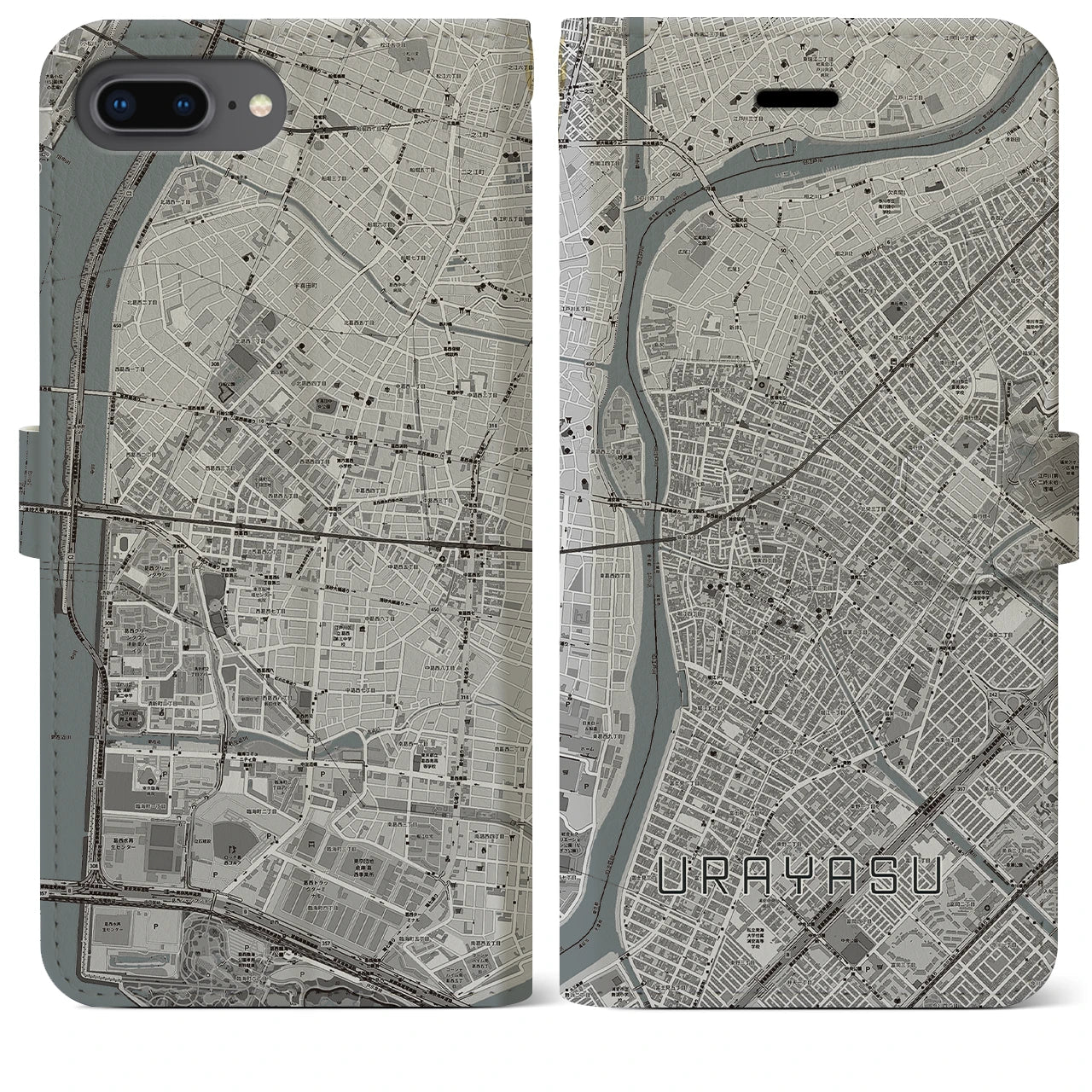 【浦安(千葉県)】地図柄iPhoneケース(手帳タイプ)モノトーン・iPhone 8Plus /7Plus / 6sPlus / 6Plus 用